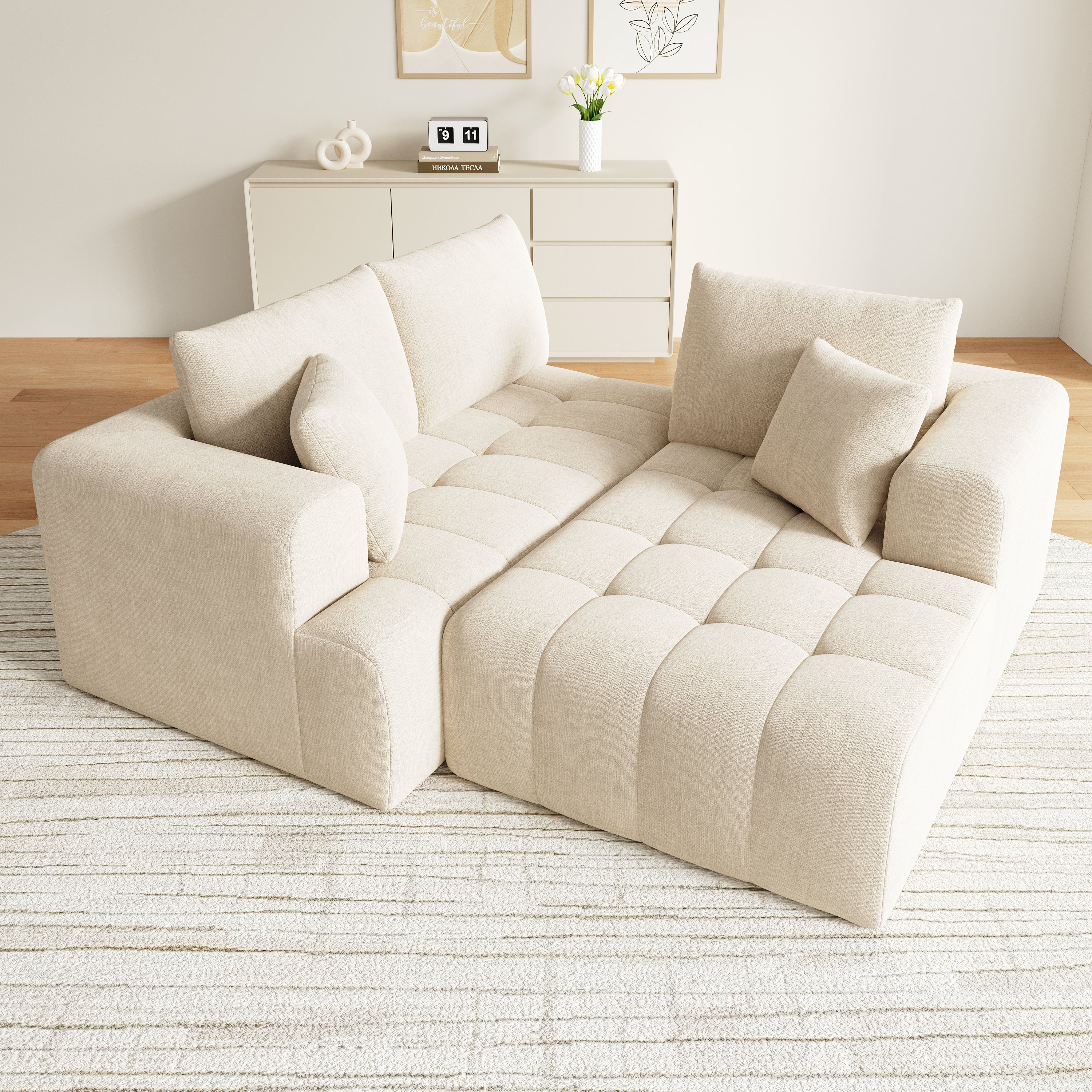 Cloud Modular L-Shaped Corner Sofa with Low-Profile Design, Beige Chenille