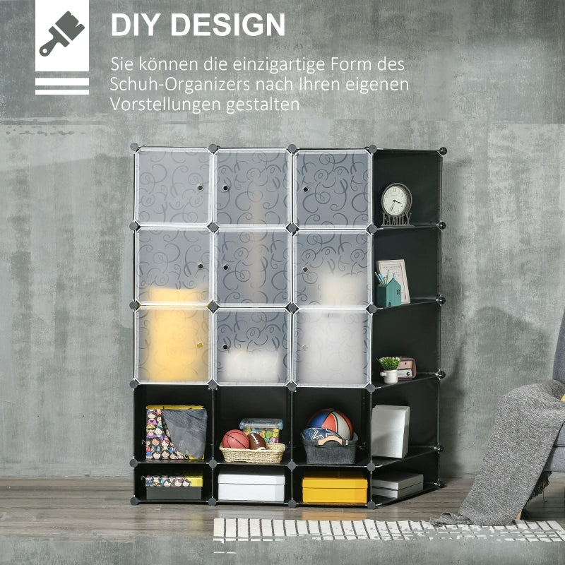 DIY Wardrobe Shelving System, 16 Compartments, 2 Rods, Black