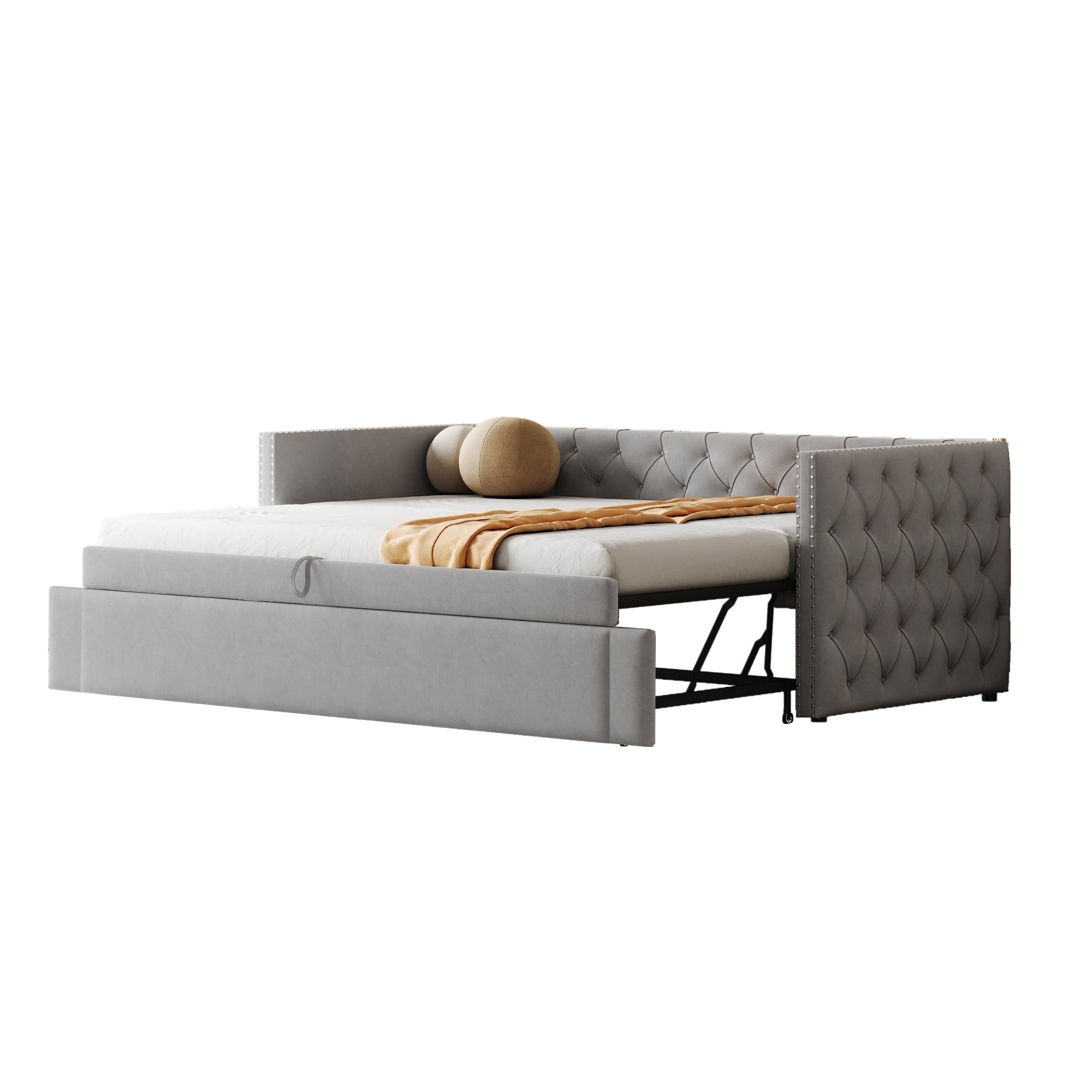 Upholstered Bed, Pull-Out Sofa Bed, 90x200cm, Classic, Guest Bed, Light Grey Velvet