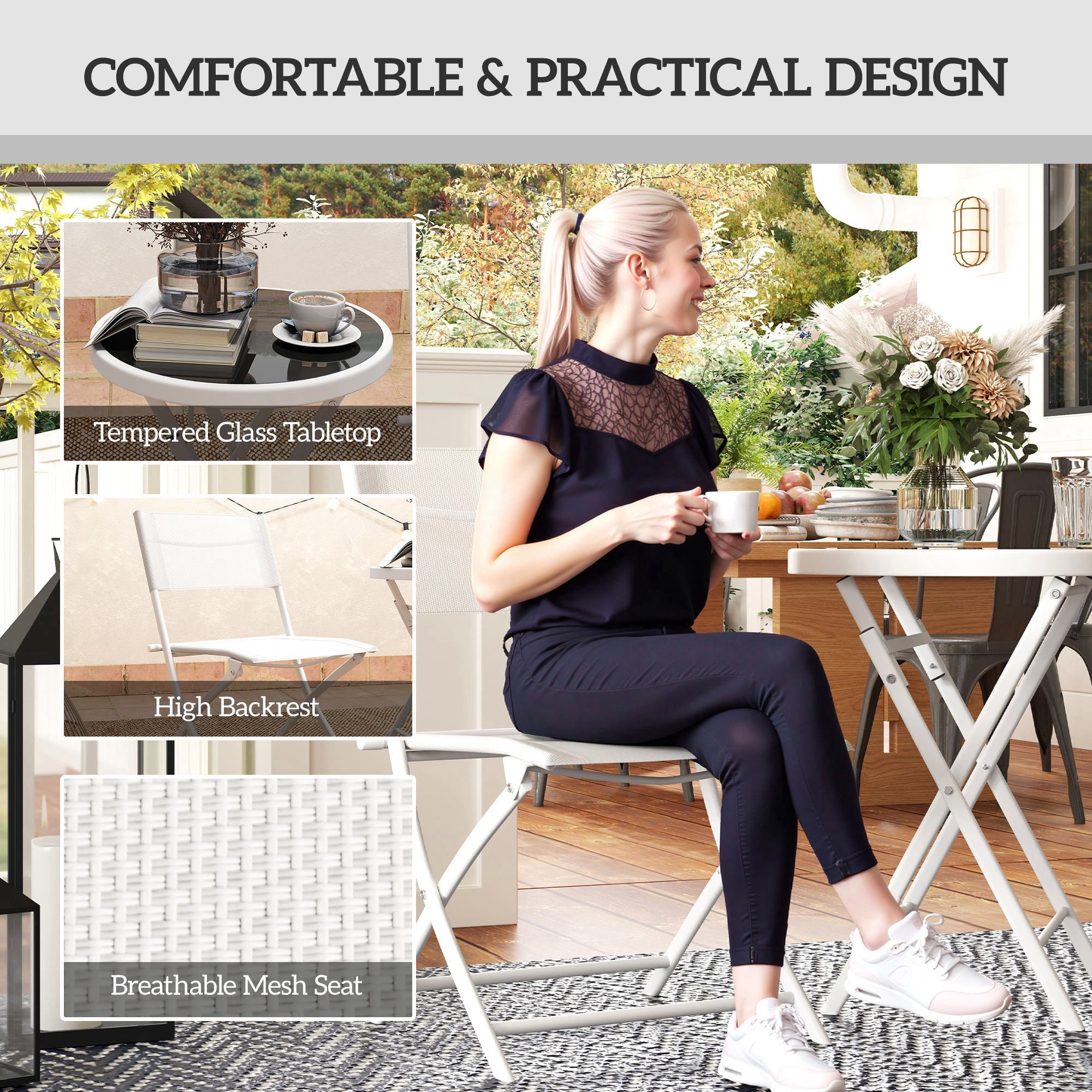 3 Piece Outdoor Bistro Set, Glass Top Table and 2 Folding Chairs, White