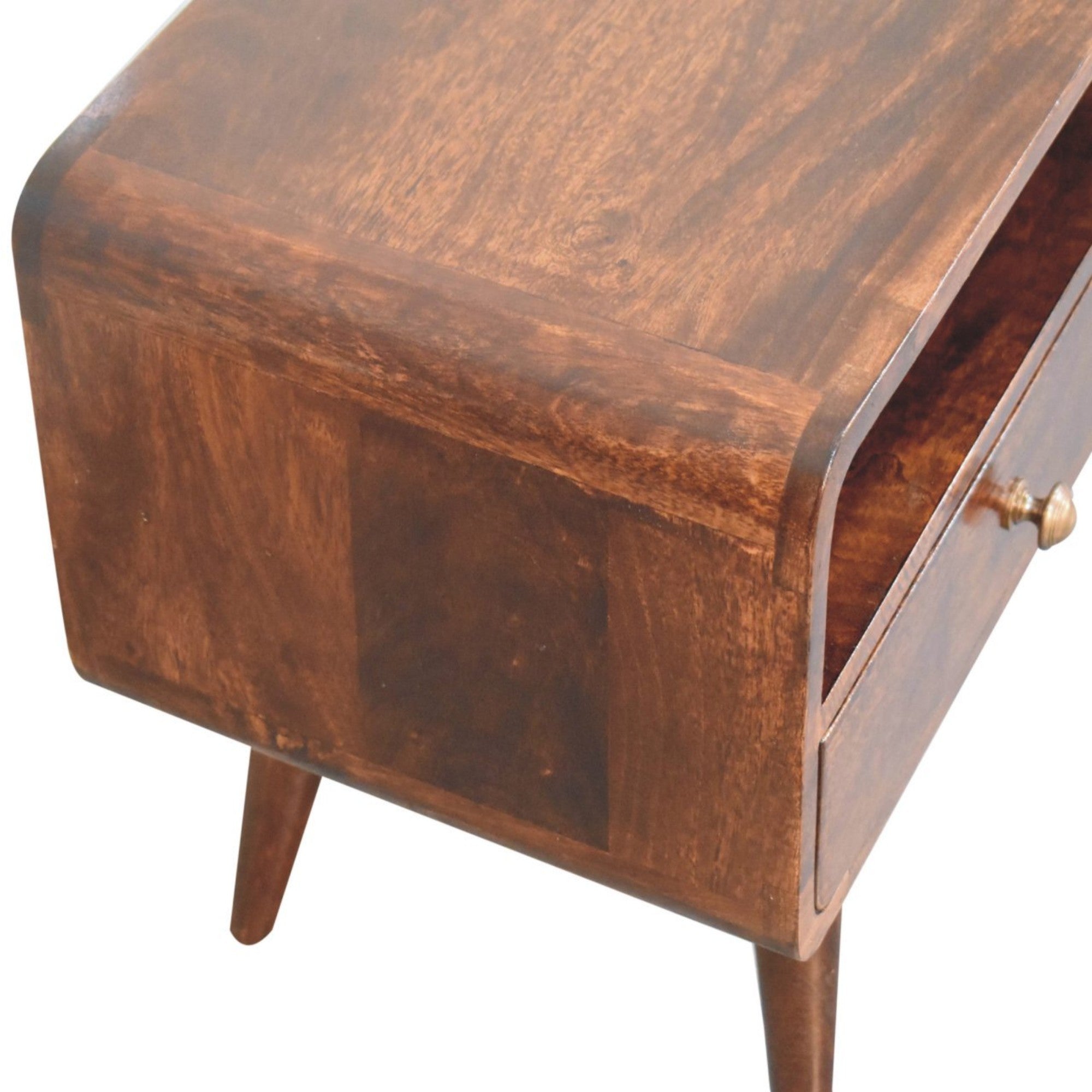 Solid Wood Curved Media Unit with 2 Drawers and 1 Open Slot, Dark Brown
