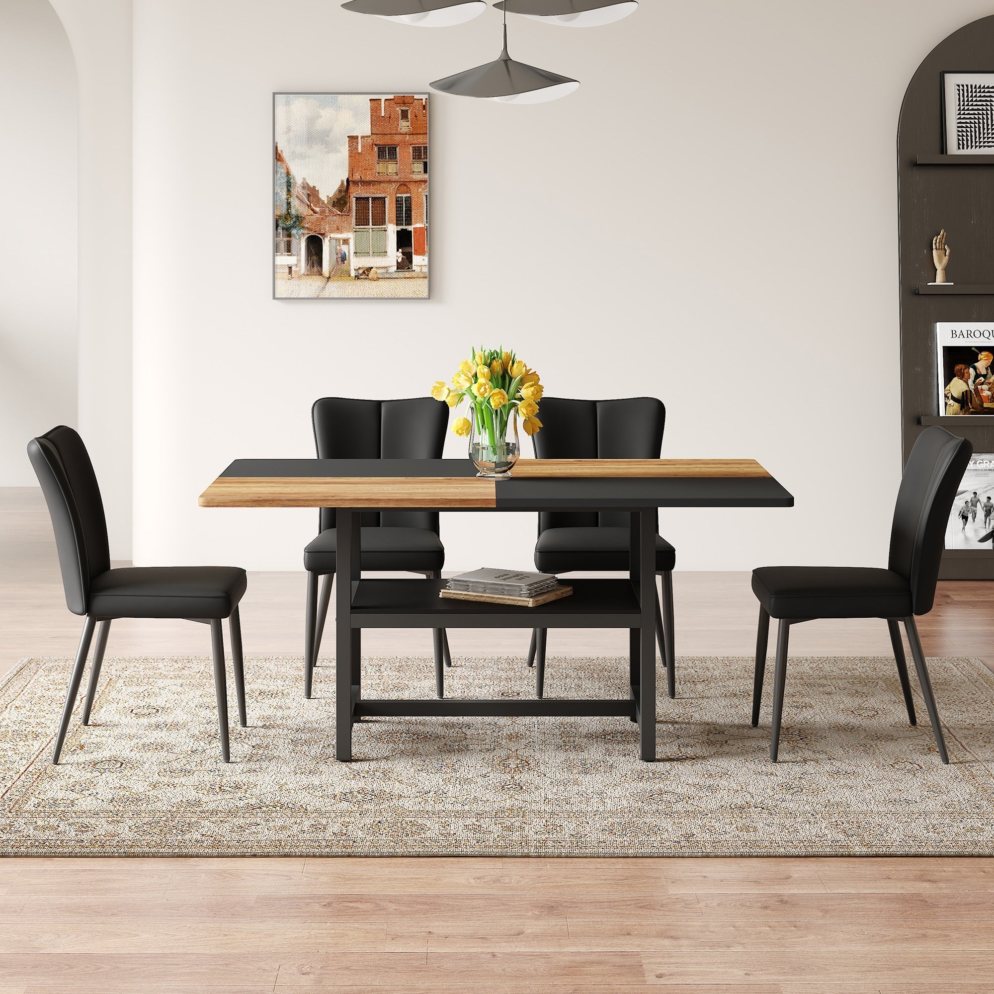 Dining Set 160cm Rectangular Storage with 4 Modern PU Chairs - Black