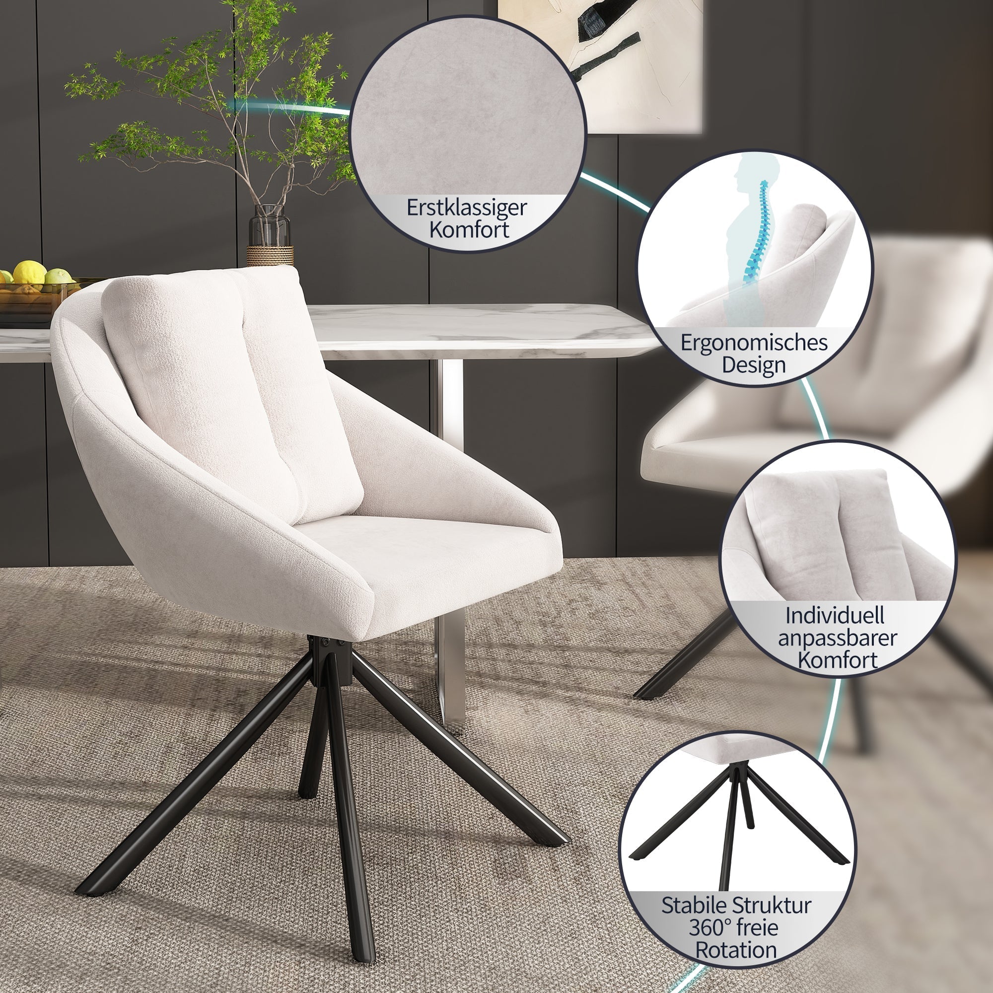 Swivel Dining Chair Set of 6 with Ergonomic Design and Breathable Fabric, Beige Velvet