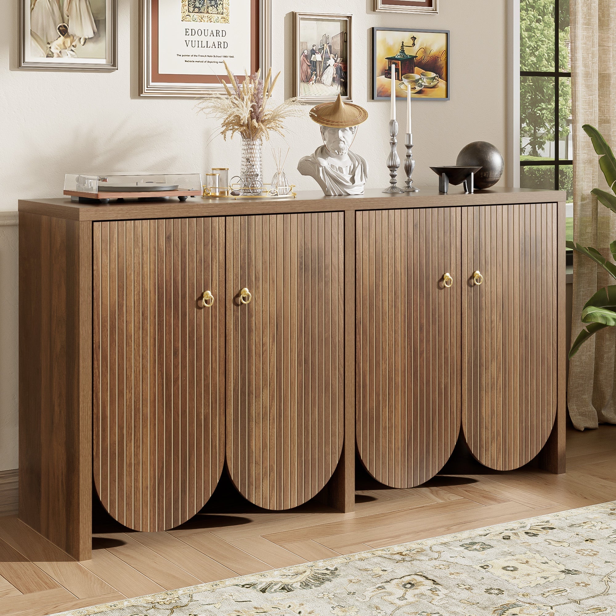 Sideboard Storage Cabinet 4 Doors Adjustable Shelves, Walnut Finish