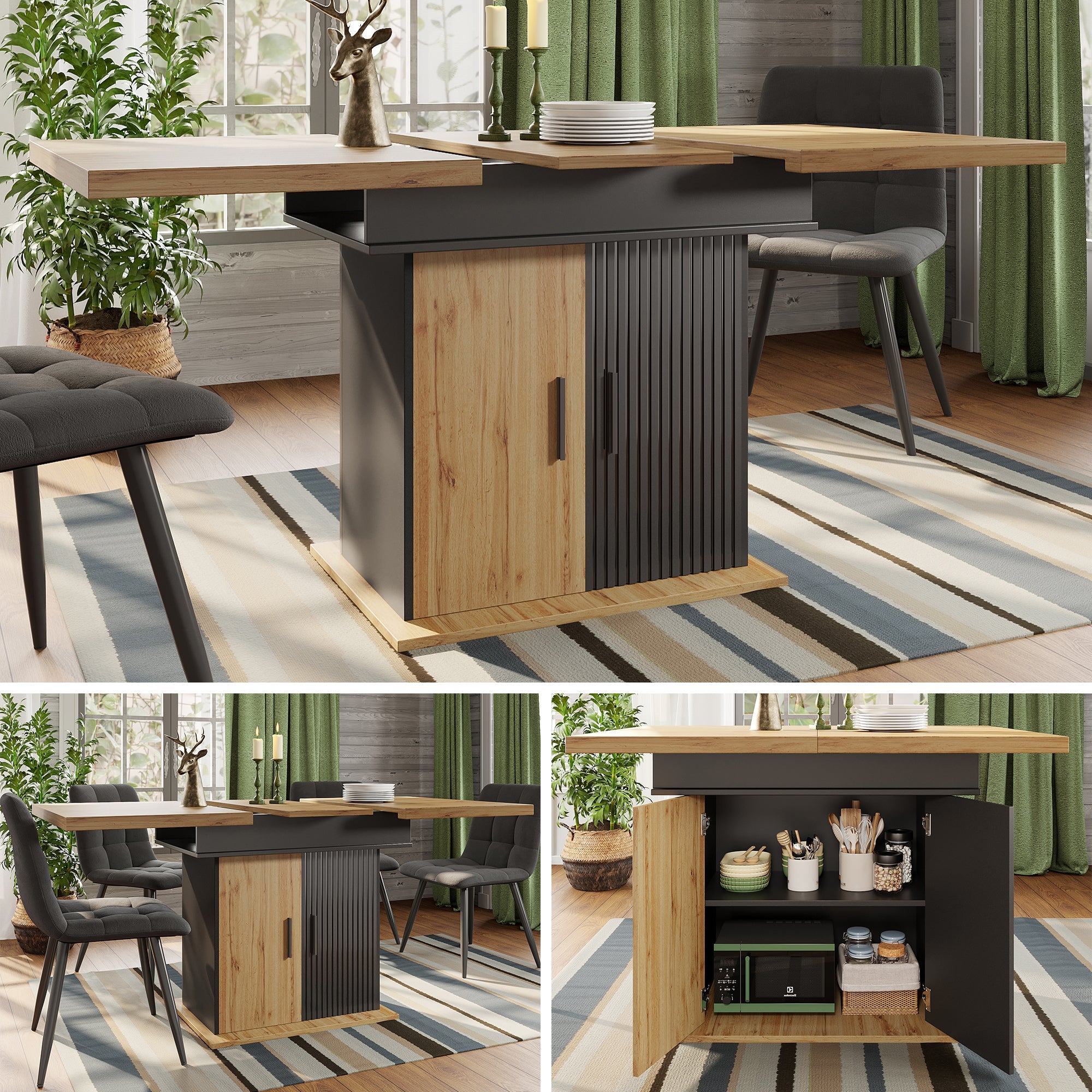 Telescopic Dining Table, Extendable Foldable Space-Saving Table for 4-6 People, Retro Style