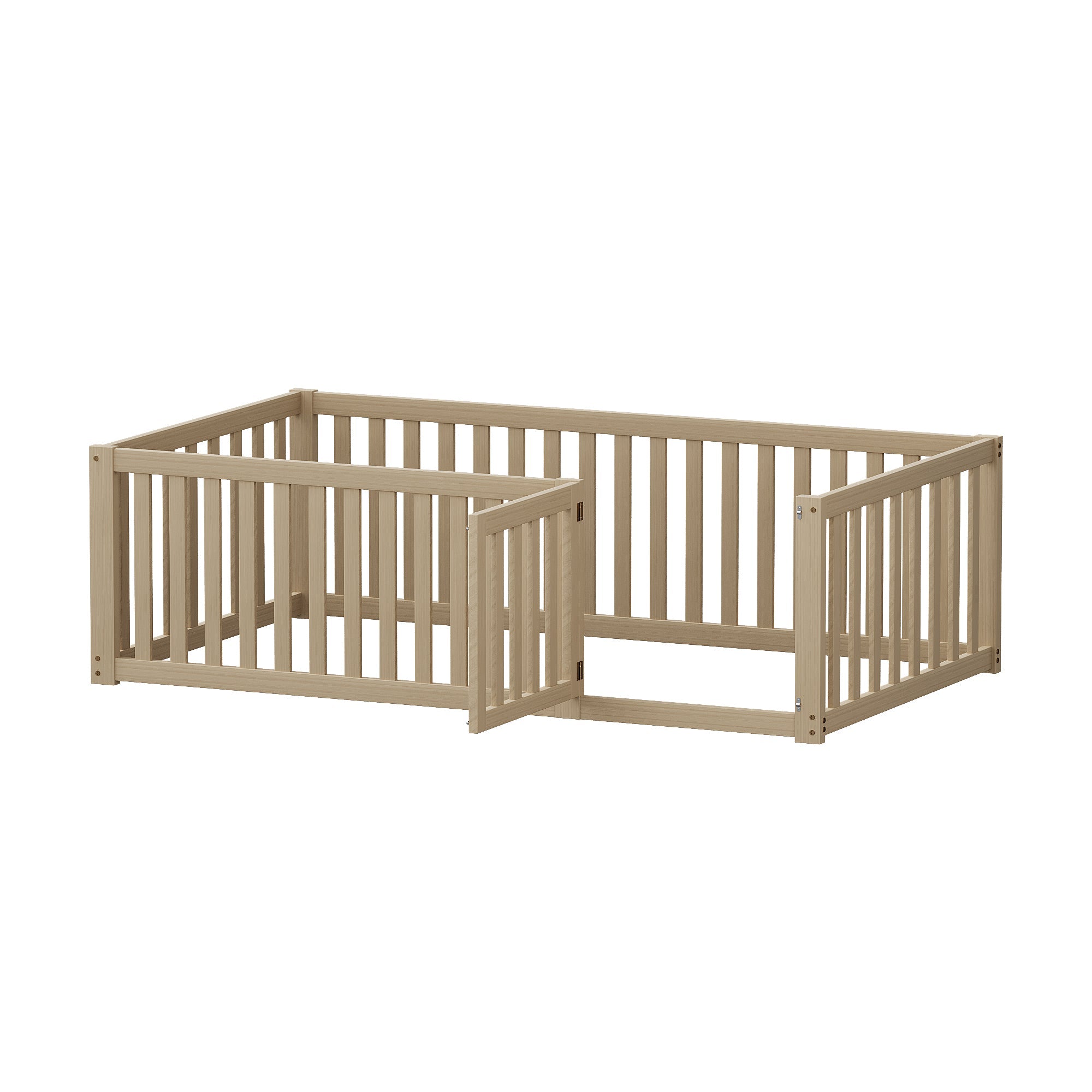 Children's bed 90 x 200, floor bed frame with fence and door, wood