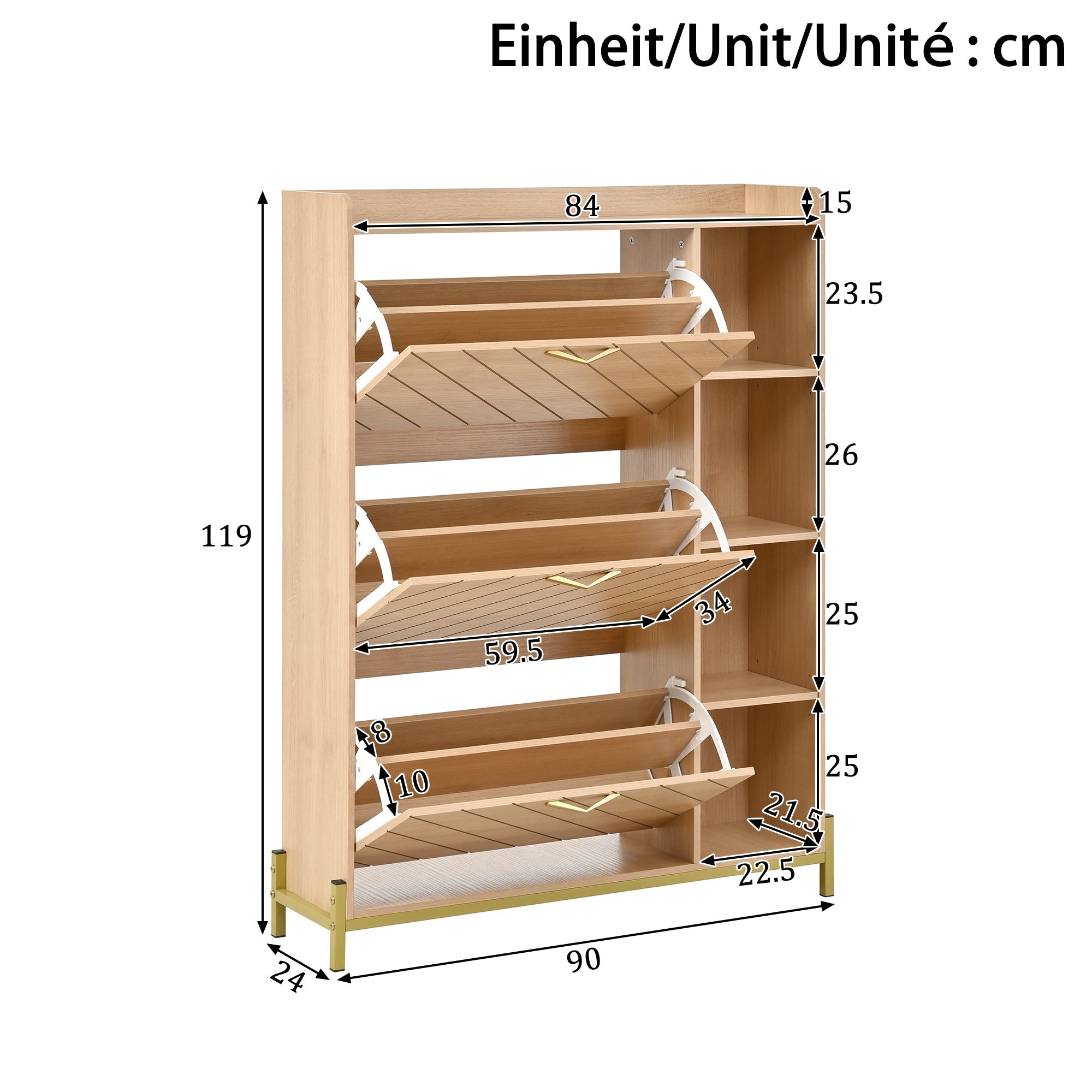 Nordic Style Shoe Cabinet with 3 Doors, Hinged Lid and Side Shelves, Oak Grain