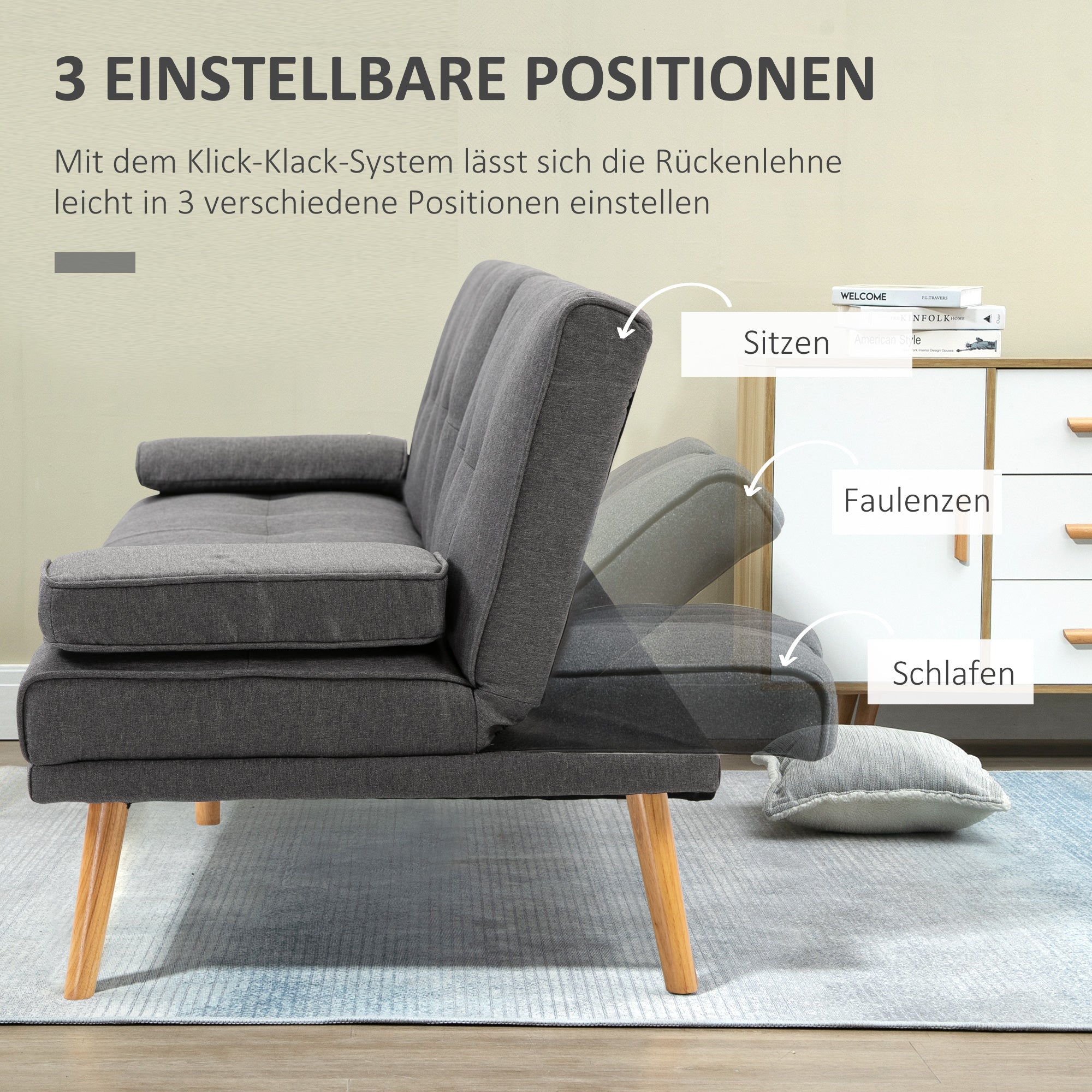 Sofa Bed 3-Seater Fold-Down Table Cup Holder Scandinavian Design, Dark Grey