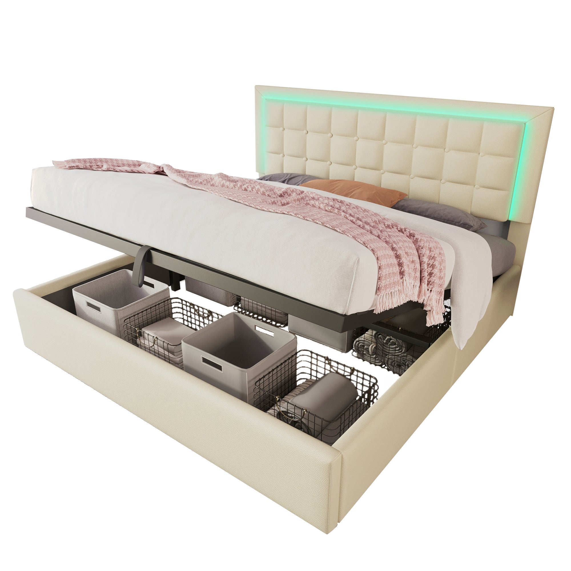 Upholstered Bed with LED Lighting, Storage and Slatted Frame, 160x200cm, White Faux Leather