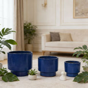 3-Piece Plant Pot Set, Handmade Sizes Ø 38.1/30.5/22.9 cm, Blue Glazed Ceramic