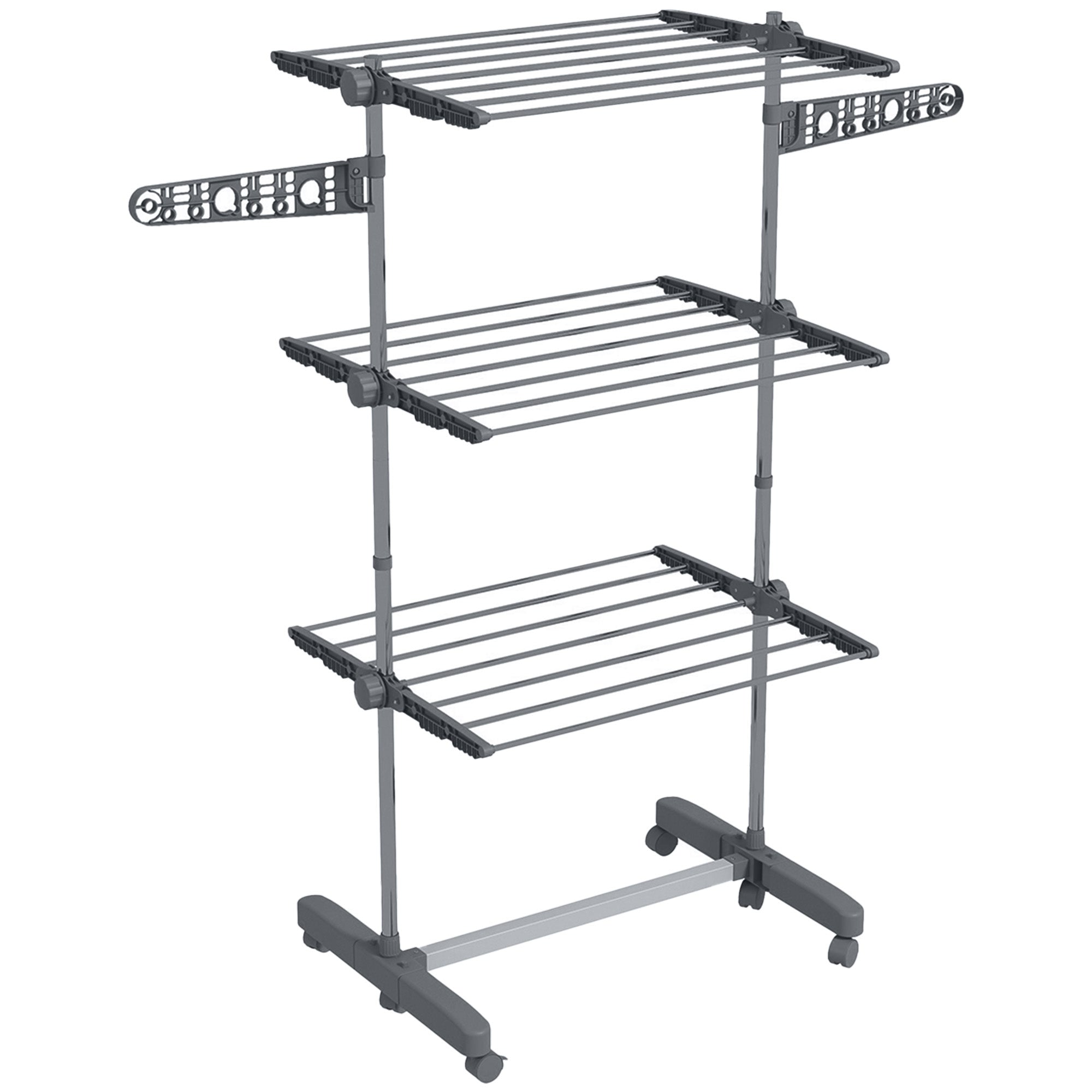 Clothes dryer tower, 3 levels foldable with side wings, steel gray