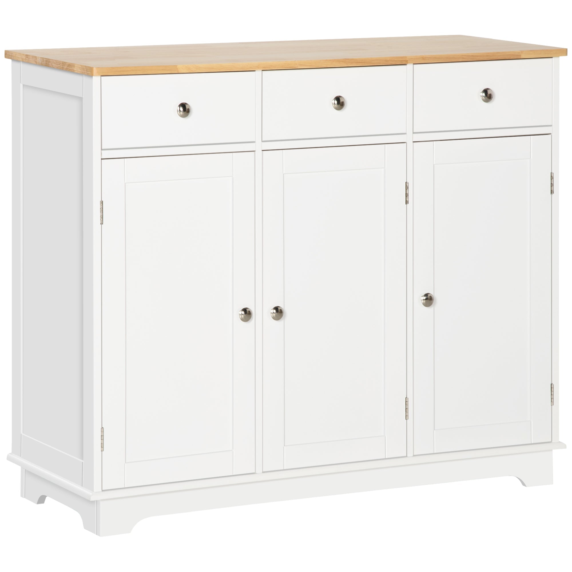 Sideboard Storage Cabinet with 3 Doors, 3 Drawers, Adjustable Shelves, White/Rubber Wood Top