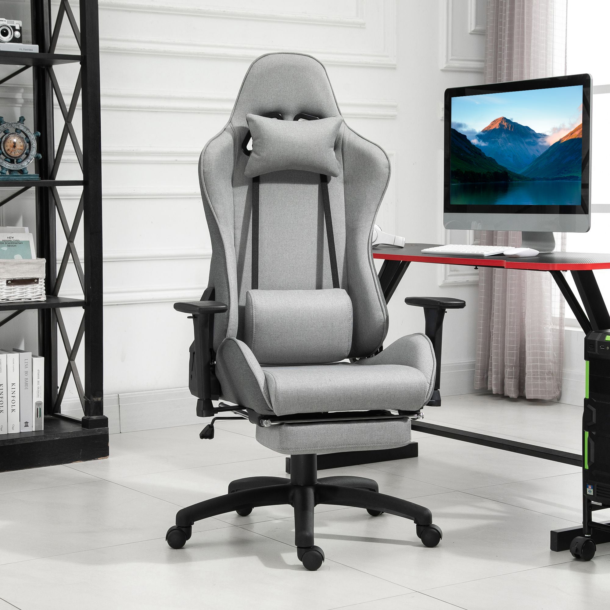 Vinsetto Office Chair, Adjustable Armrests, Lumbar Cushions, Rocker Function, Grey Fabric