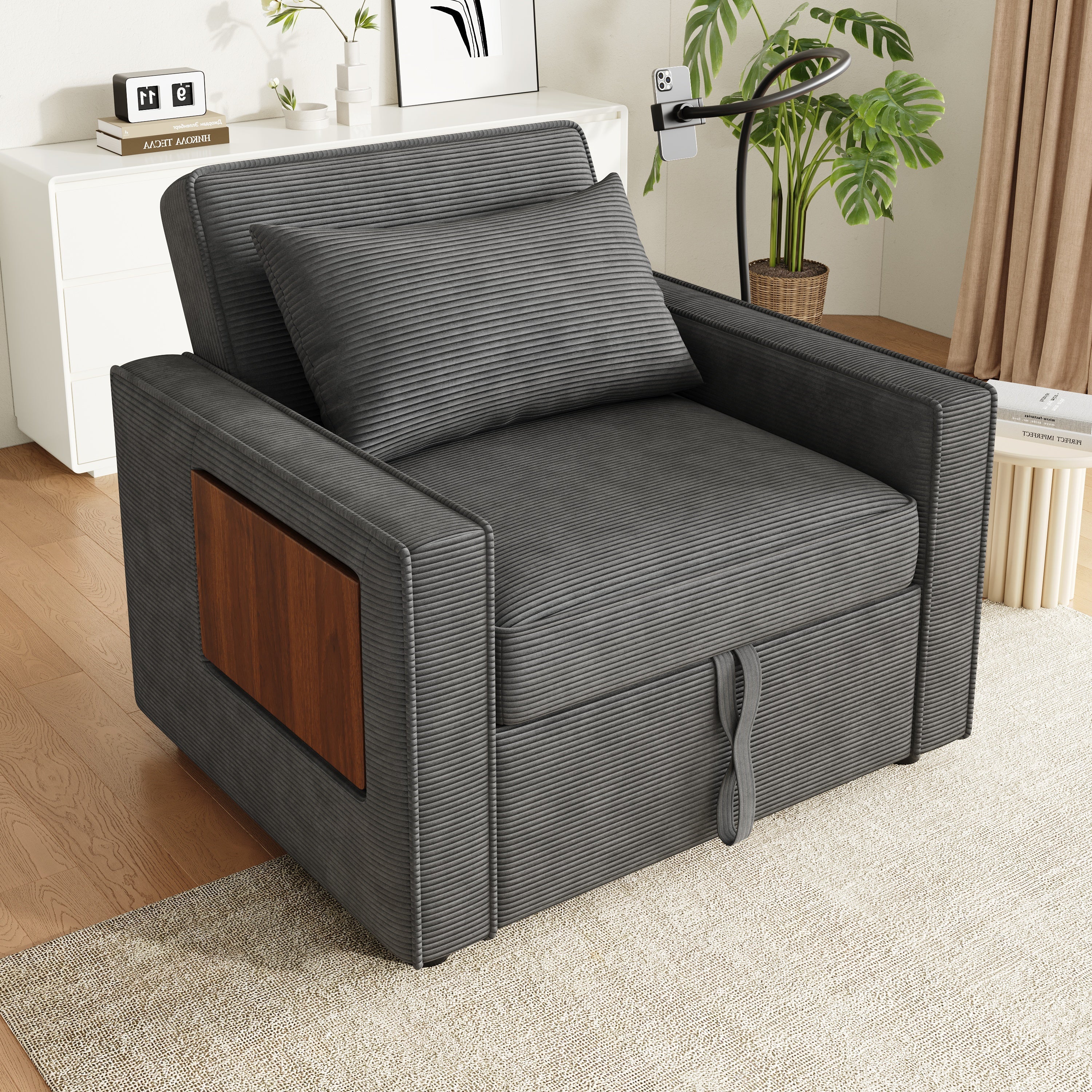 Foldable Sofa Bed, 1-Seater Recliner with USB & Phone Holder, Corduroy Grey