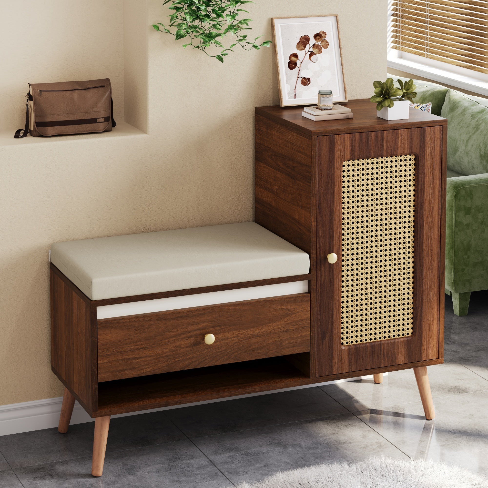 Rattan Hall Bench with Shoe Storage, Drawers and Seat Cushion, Oak and Rattan
