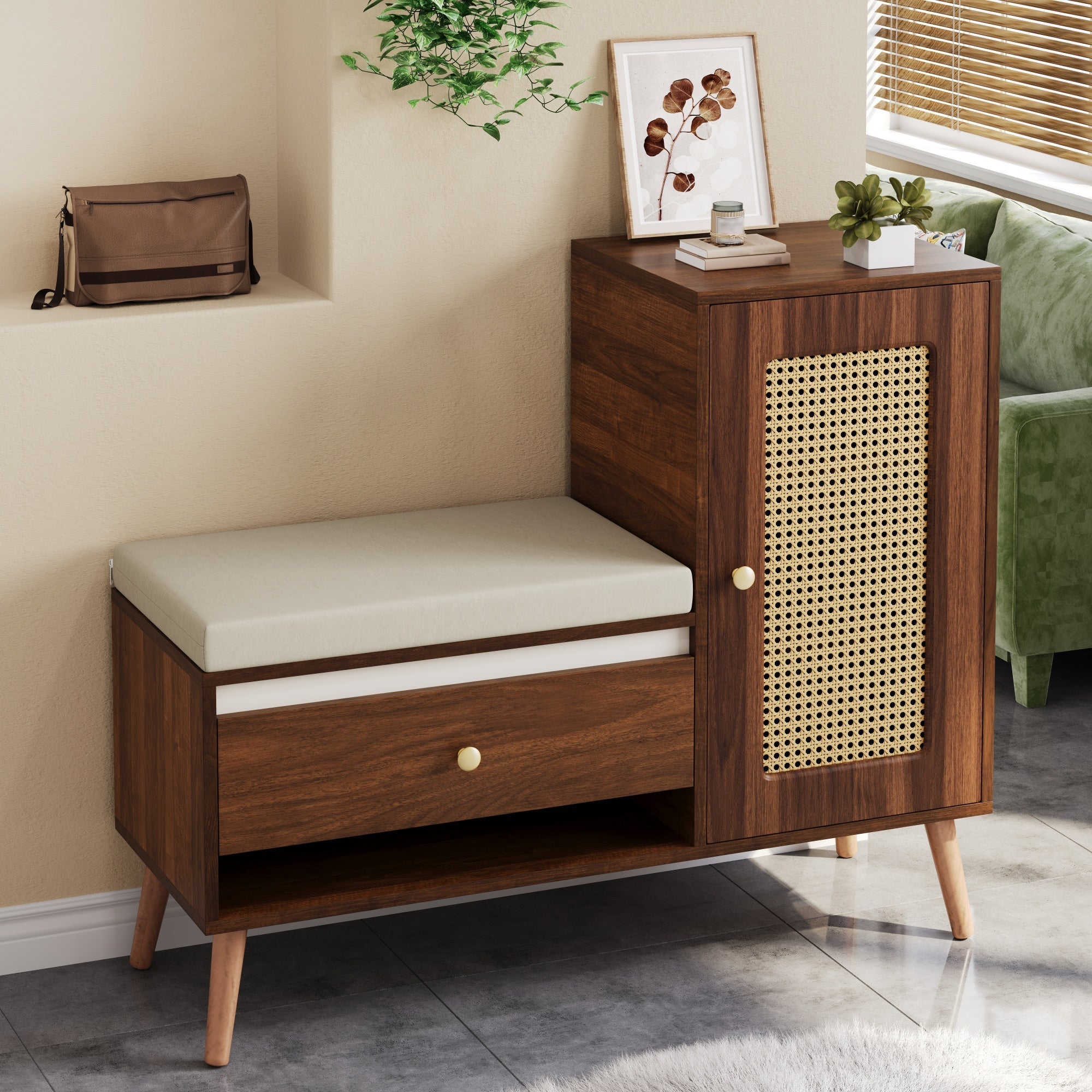 Rattan Hall Bench with Shoe Storage, Drawers and Seat Cushion, Oak and Rattan
