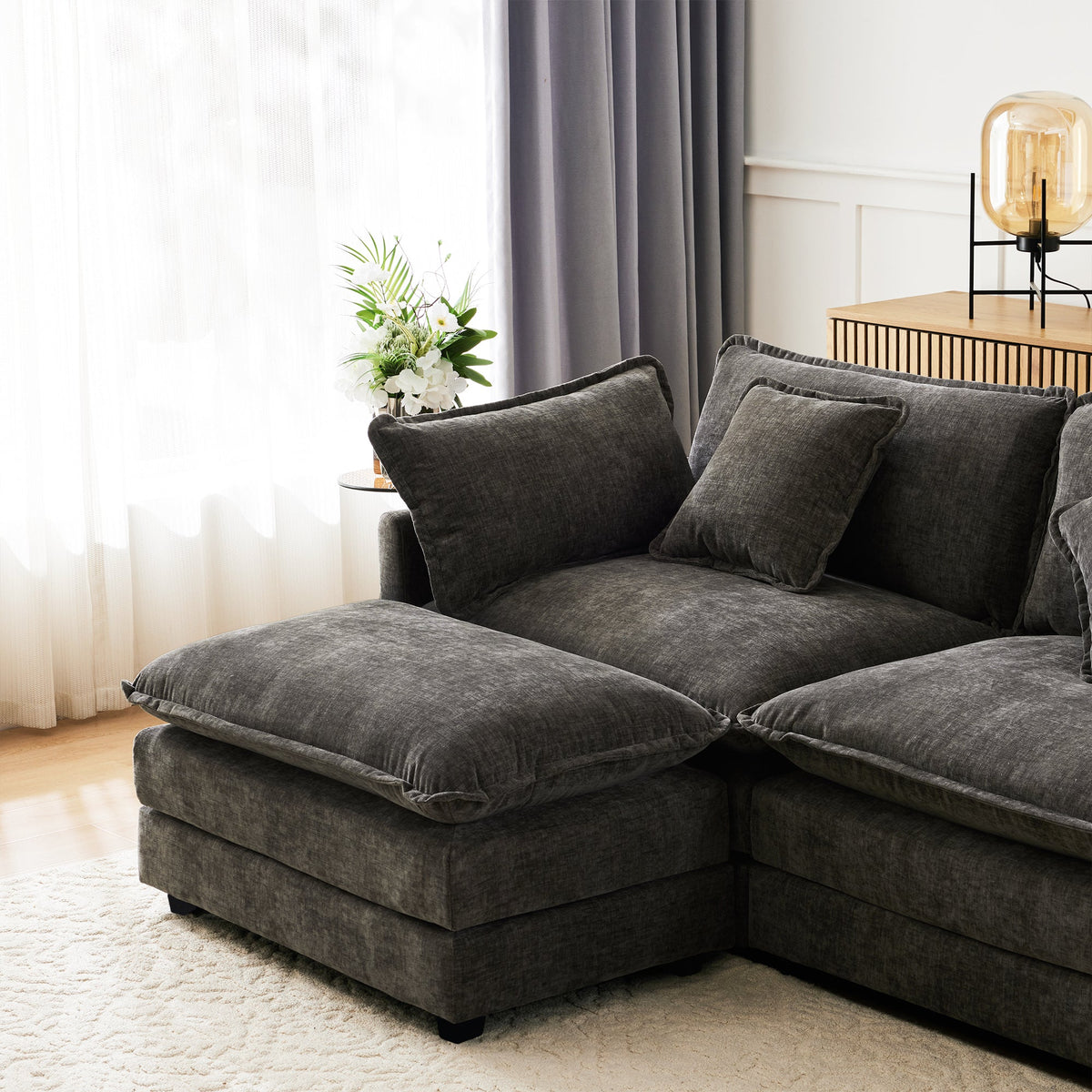 L-Shaped Corner Sofa with Footrest, 3-Seater Upholstered, Chenille Fabric