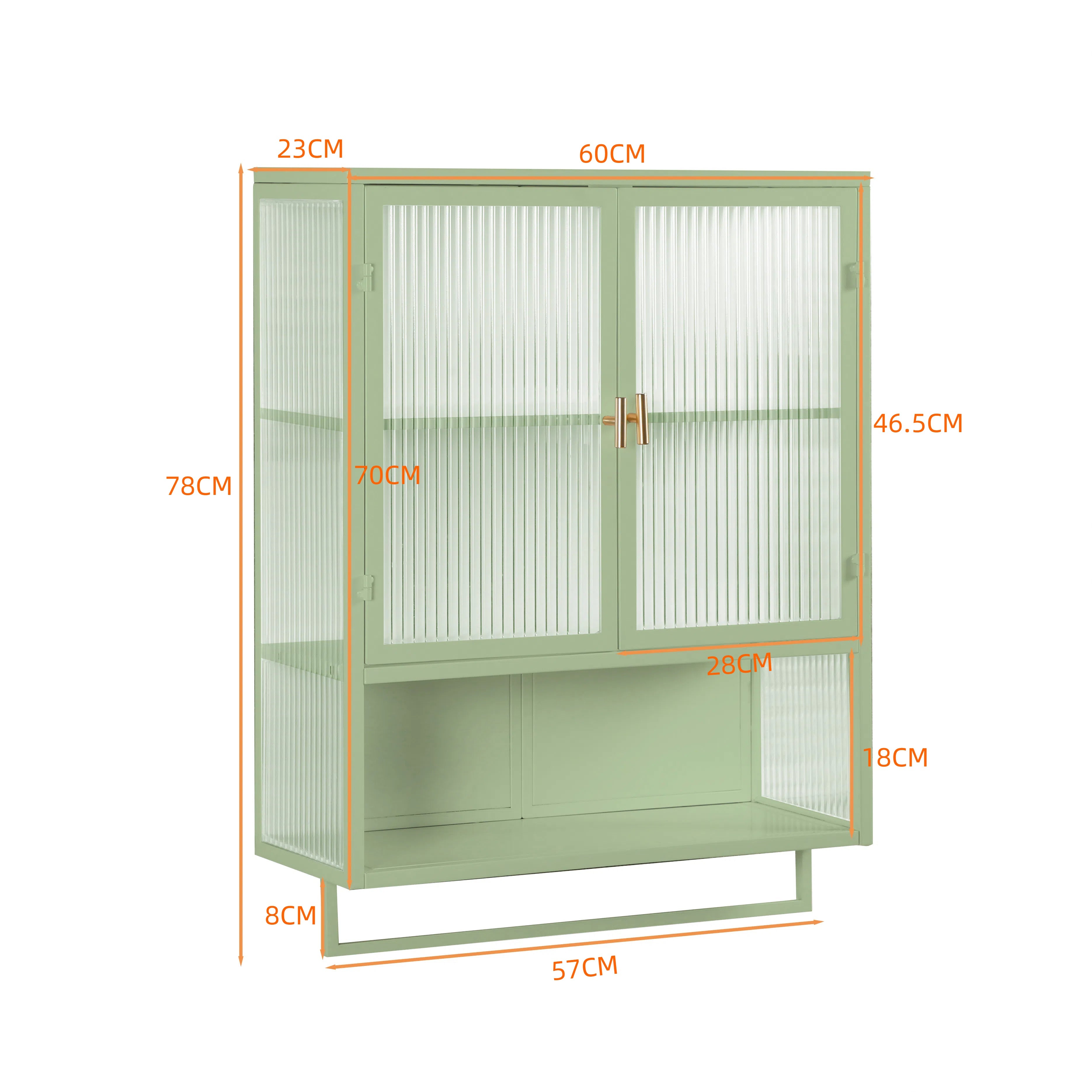 Wall Cabinet 60CM Glass Doors Two-tier Storage with Open Shelf & Towel Rack, Green