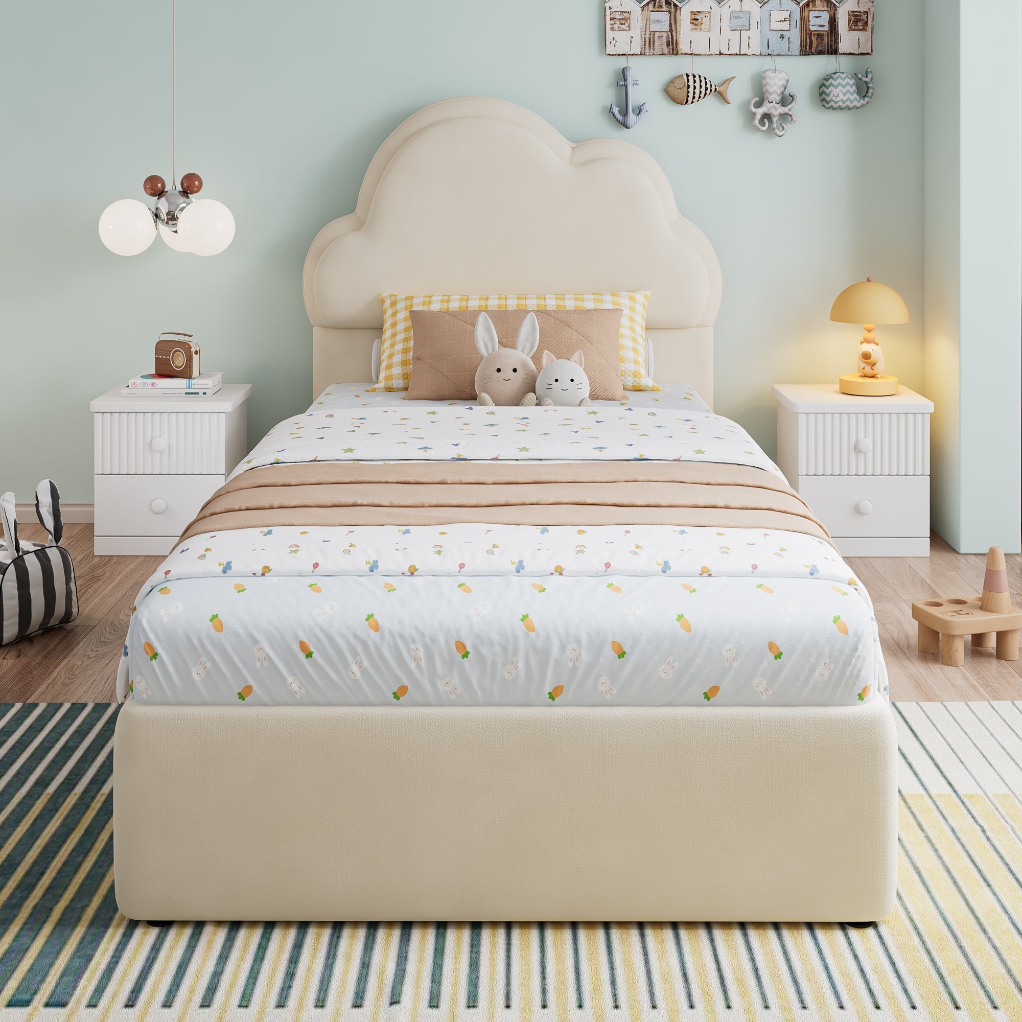 Upholstered Bed, 3ft Single Hydraulic Storage with Cloud Backrest, Beige Velvet