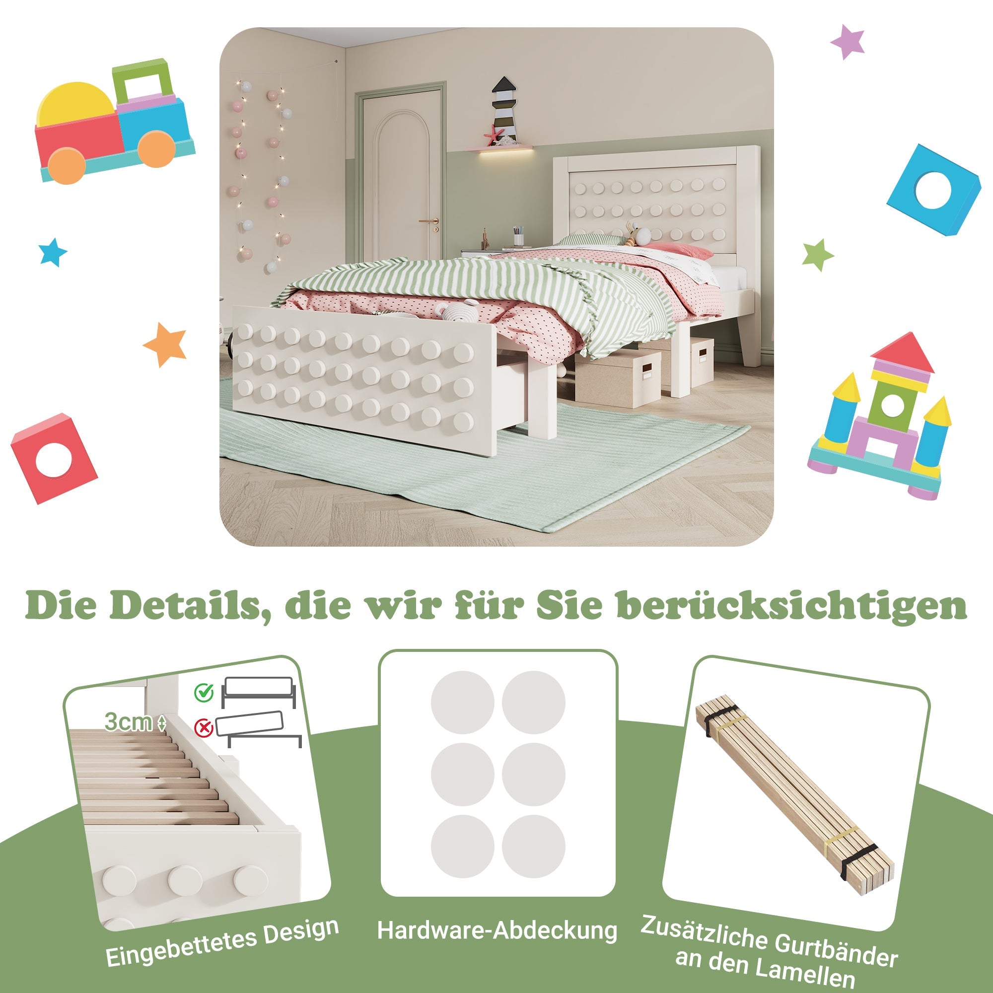 Wooden single bed 90x190cm children's bed with creative block design, solid wood frame with slatted frame, with drawers and underbed storage, white