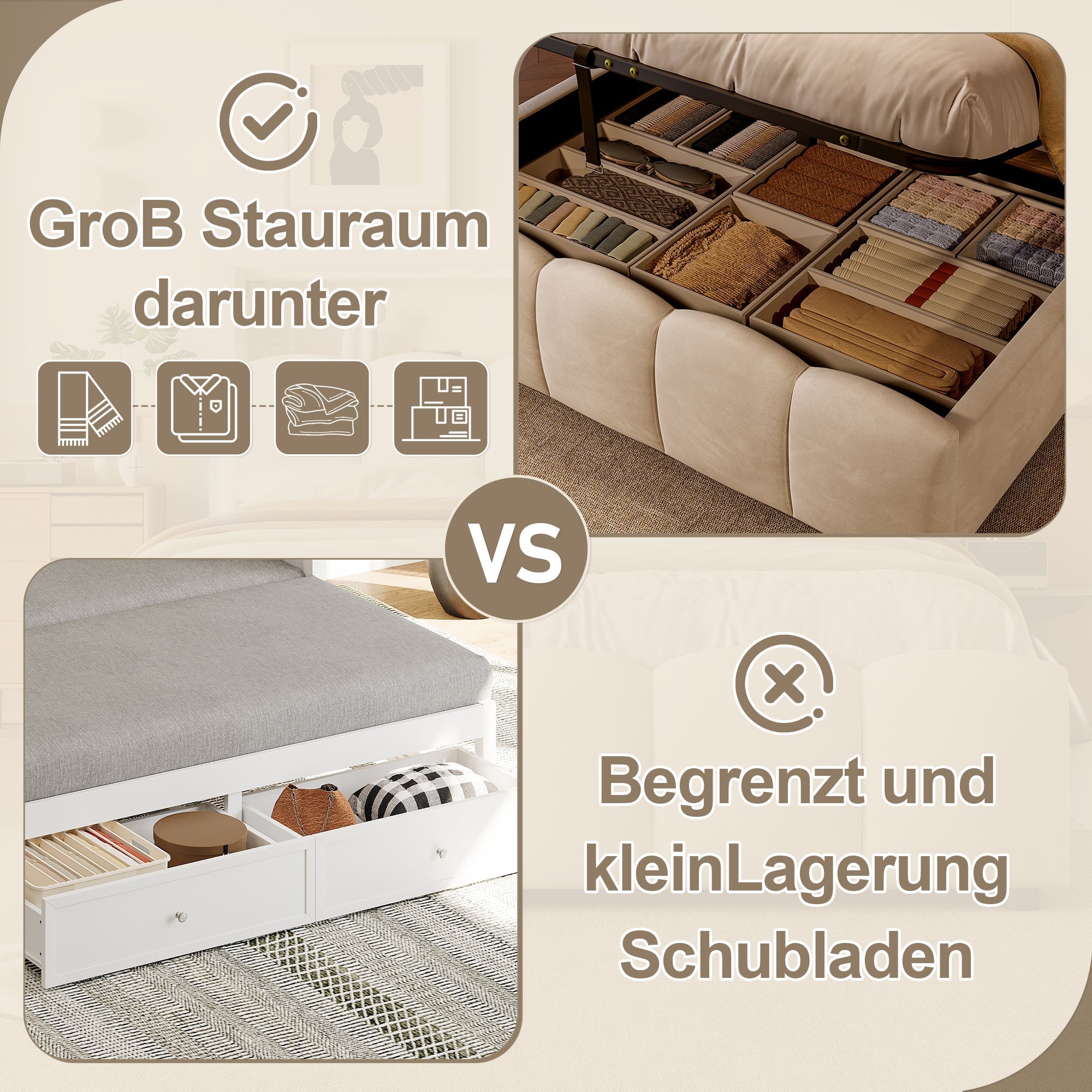 Upholstered Bed 140x200cm Hydraulic Storage LED Headboard USB/Type-C Ports - Beige Velvet