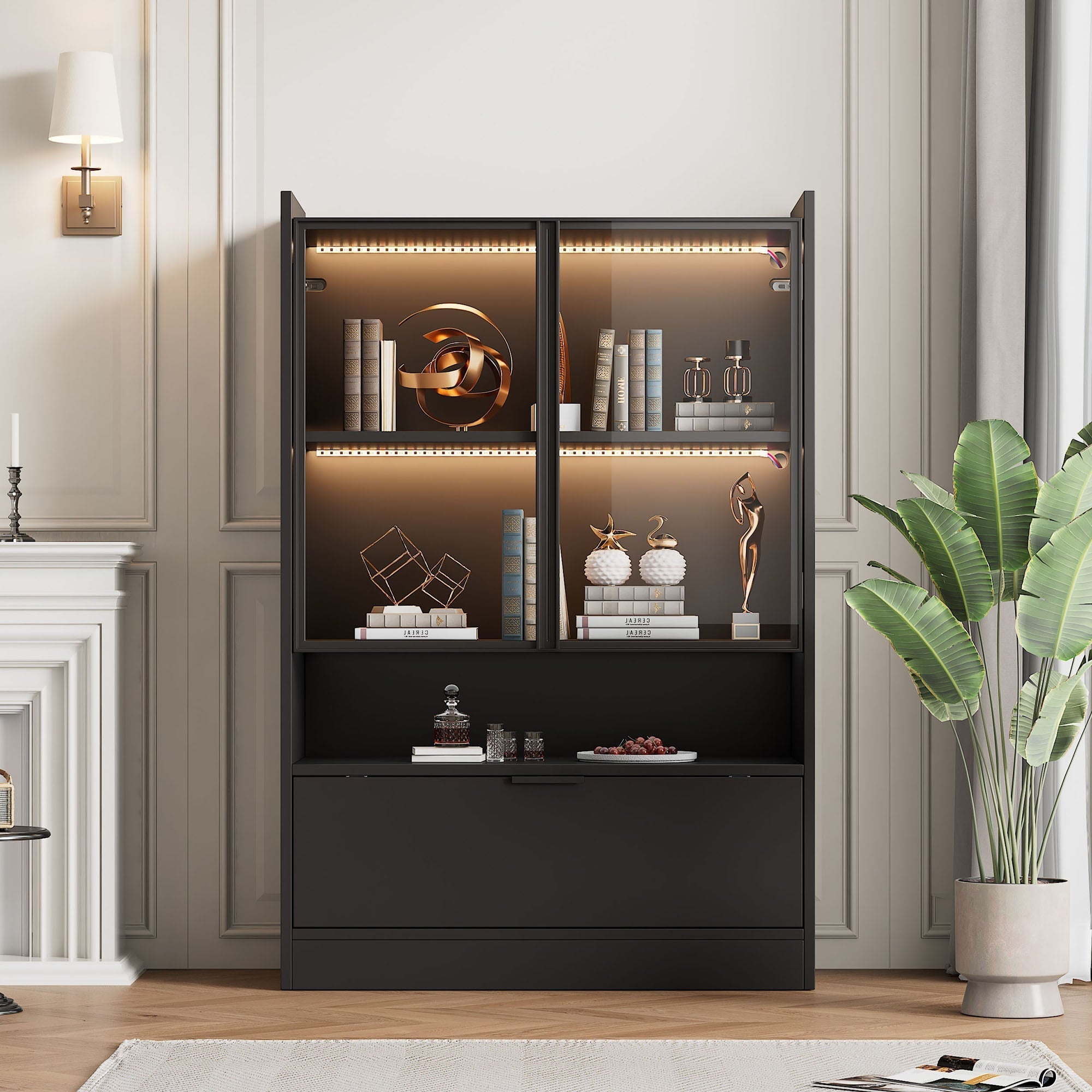 Modern LED Display Cabinet 120cm High 16-Color Lighting Glass Doors, Matte Black Chipboard