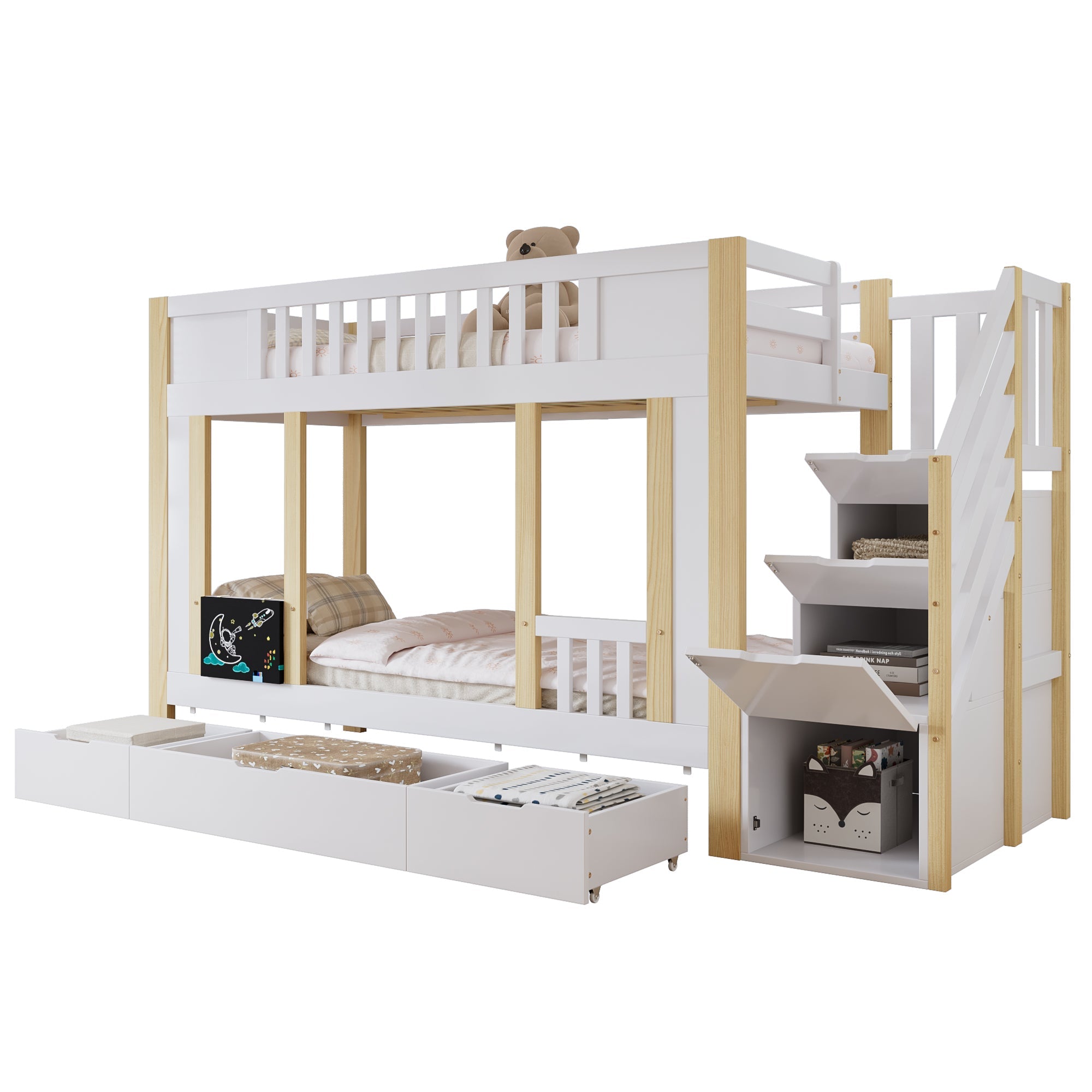 Children's Bunk Bed Storage Stairs Drawers Chalkboard 90x200cm, Pine MDF White/Natural