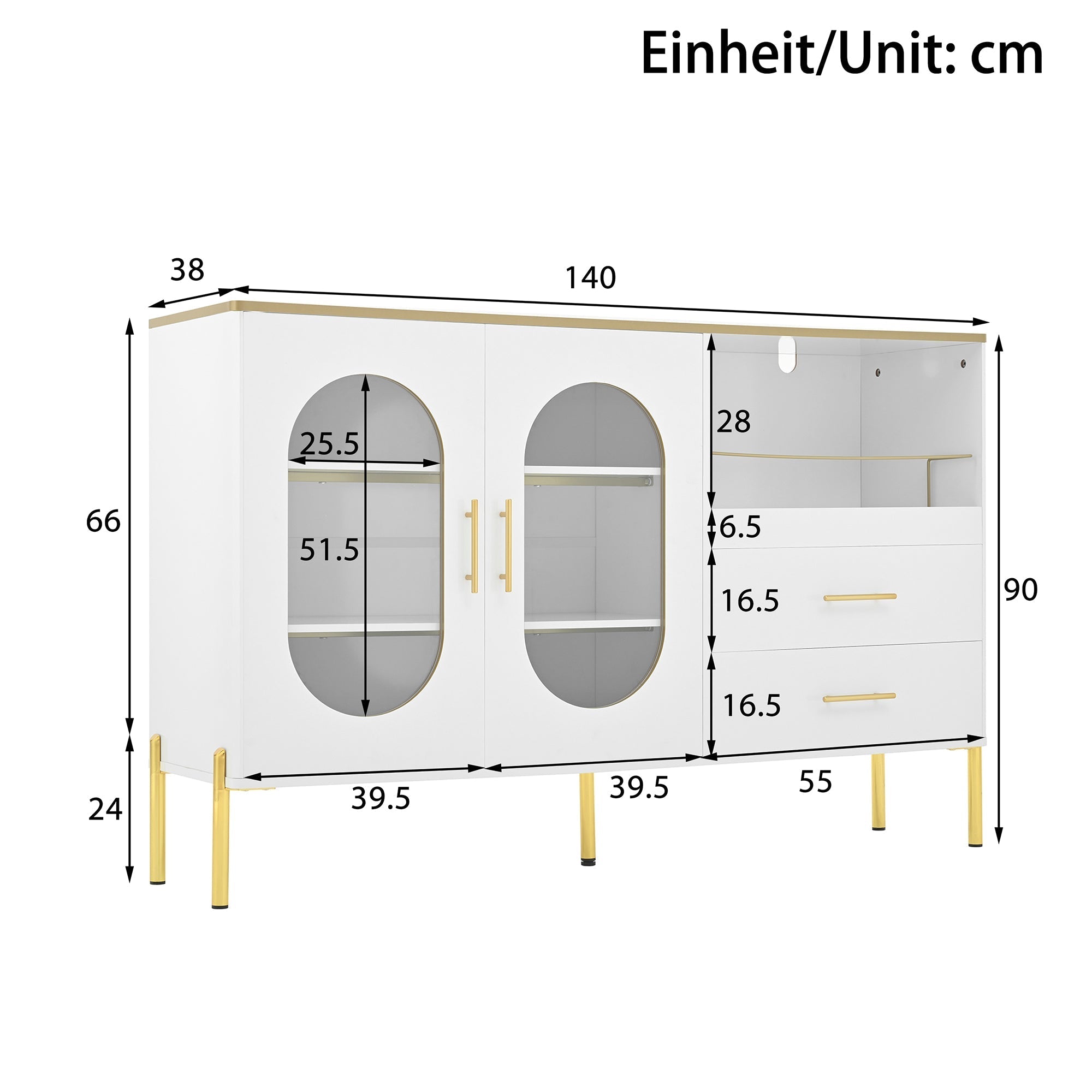 Sideboard Cabinet, 2 Drawers 2 Glass Doors Modern, White Gold Accents