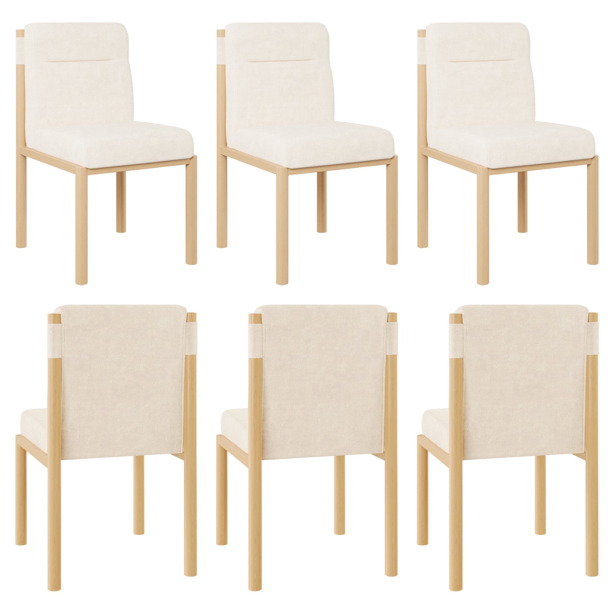 Dining Chairs Set of 6 Modern Oak-Effect Frame Padded Seat - Sherpa Fabric Beige