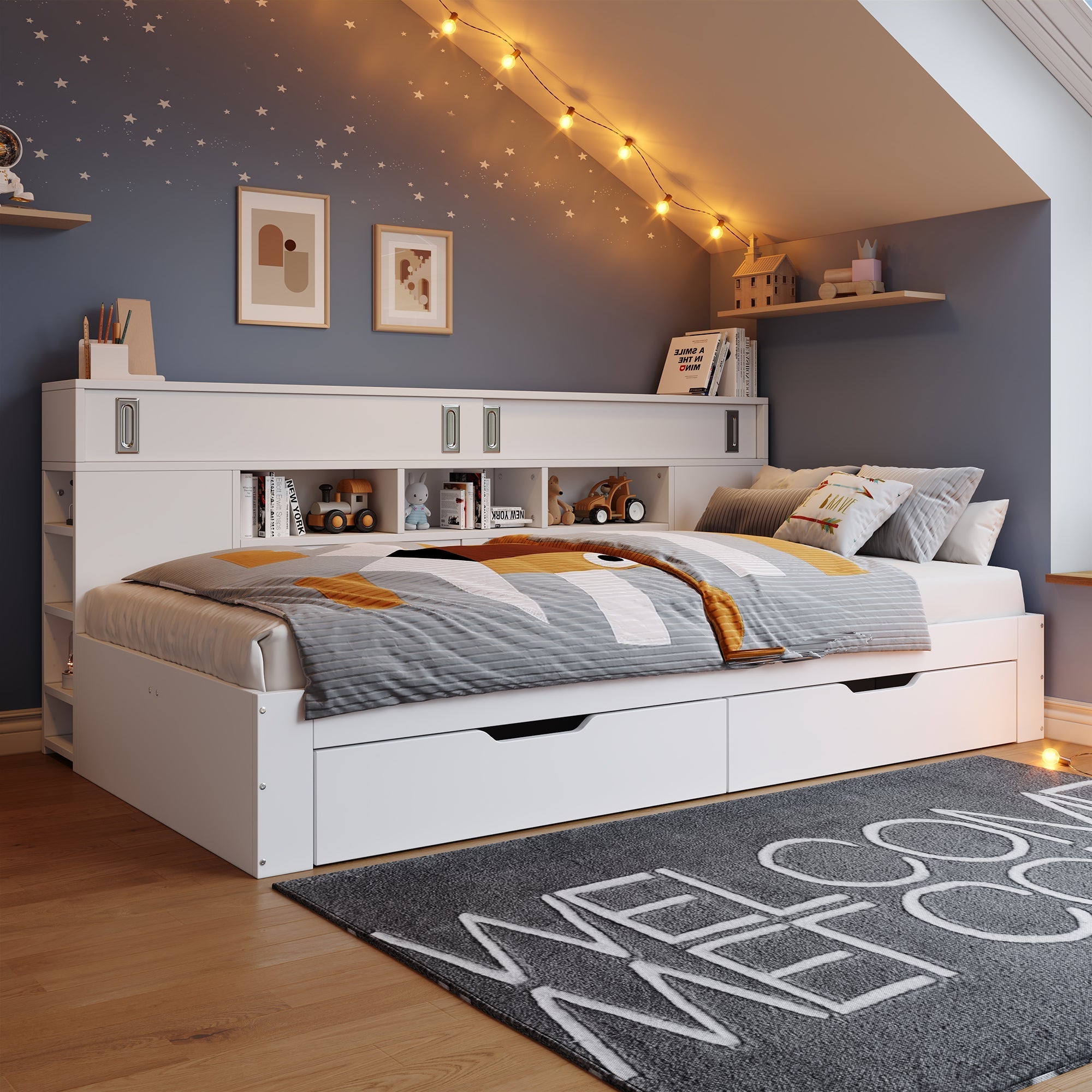 Daybed with Storage Drawers and Shelves, 140x200 cm, White