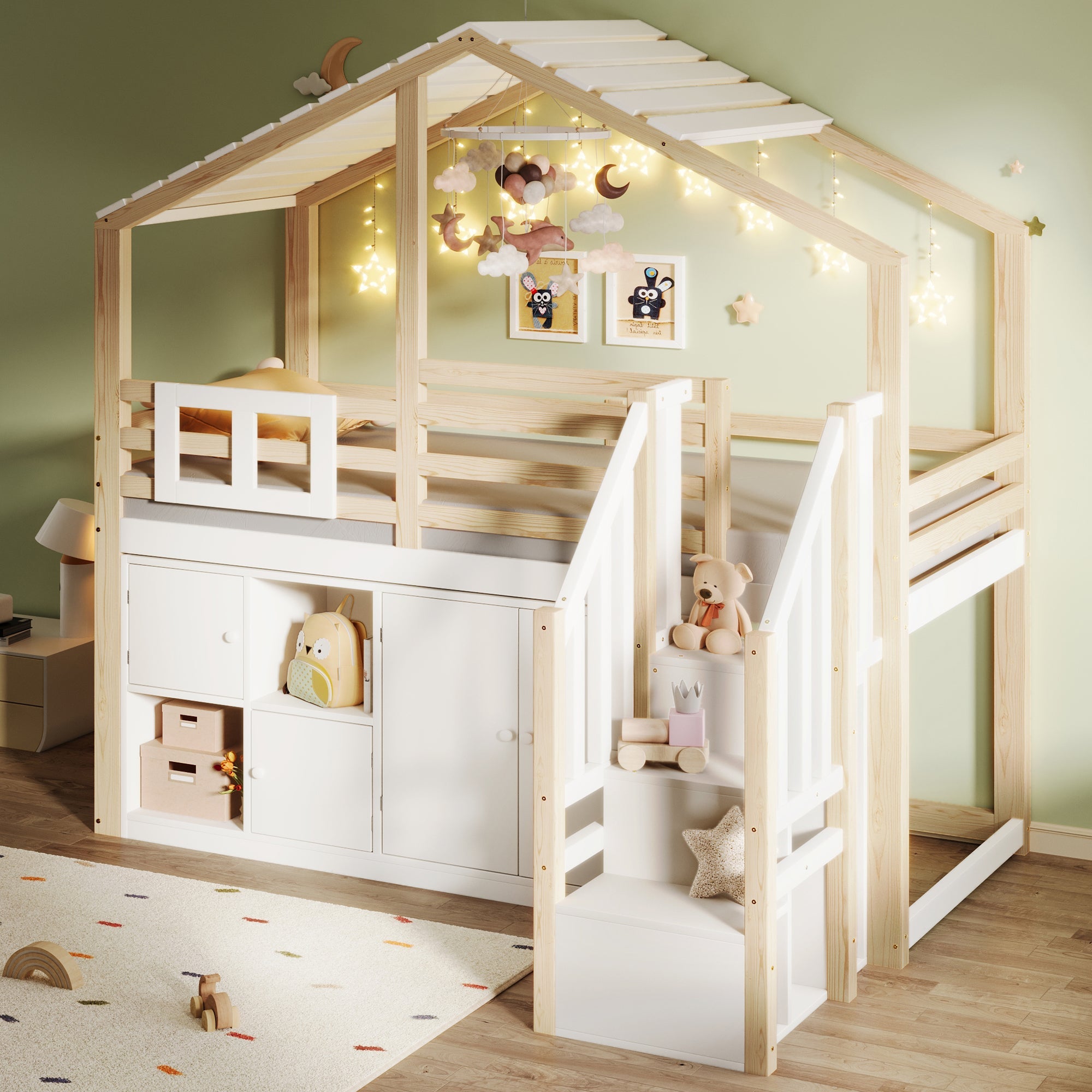 Loft Bed 90x200cm House Design Storage Ladder Lockers - White/Natural