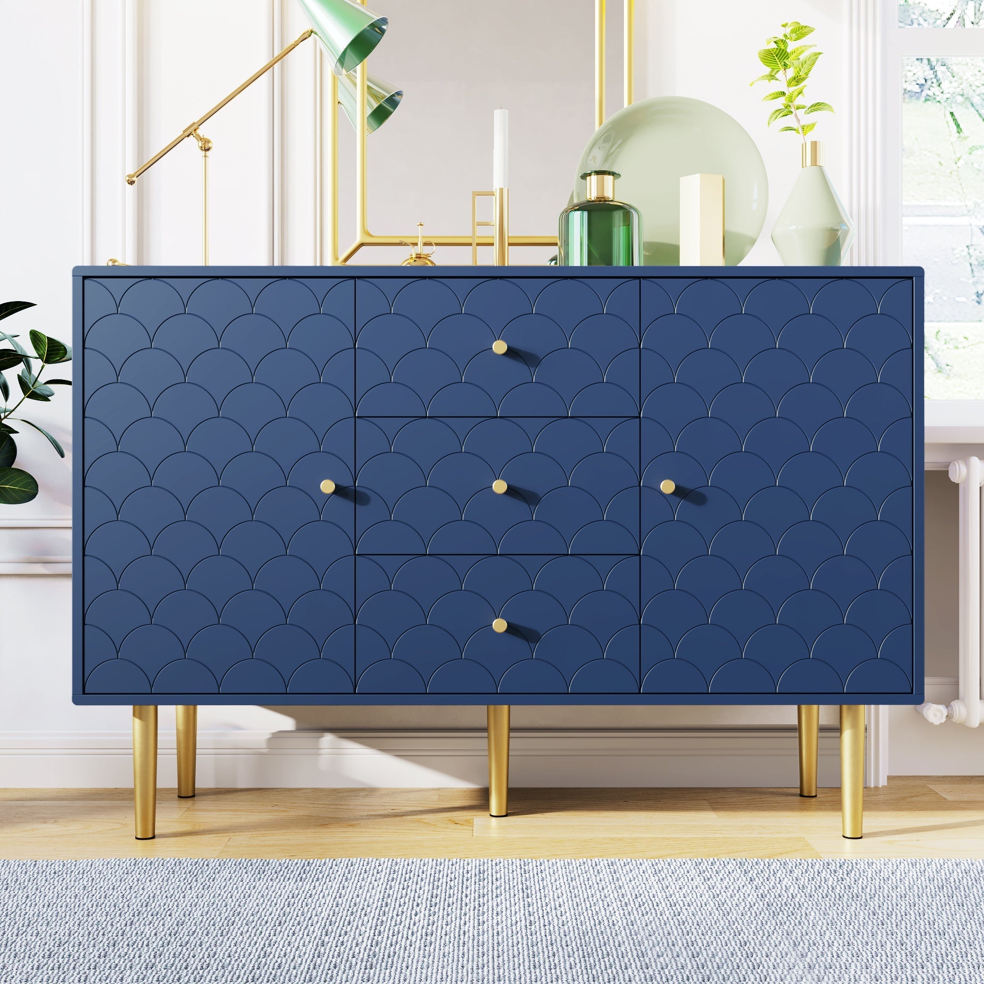 Sideboard Chest 2 Doors 3 Drawers Adjustable Shelf - Navy Blue