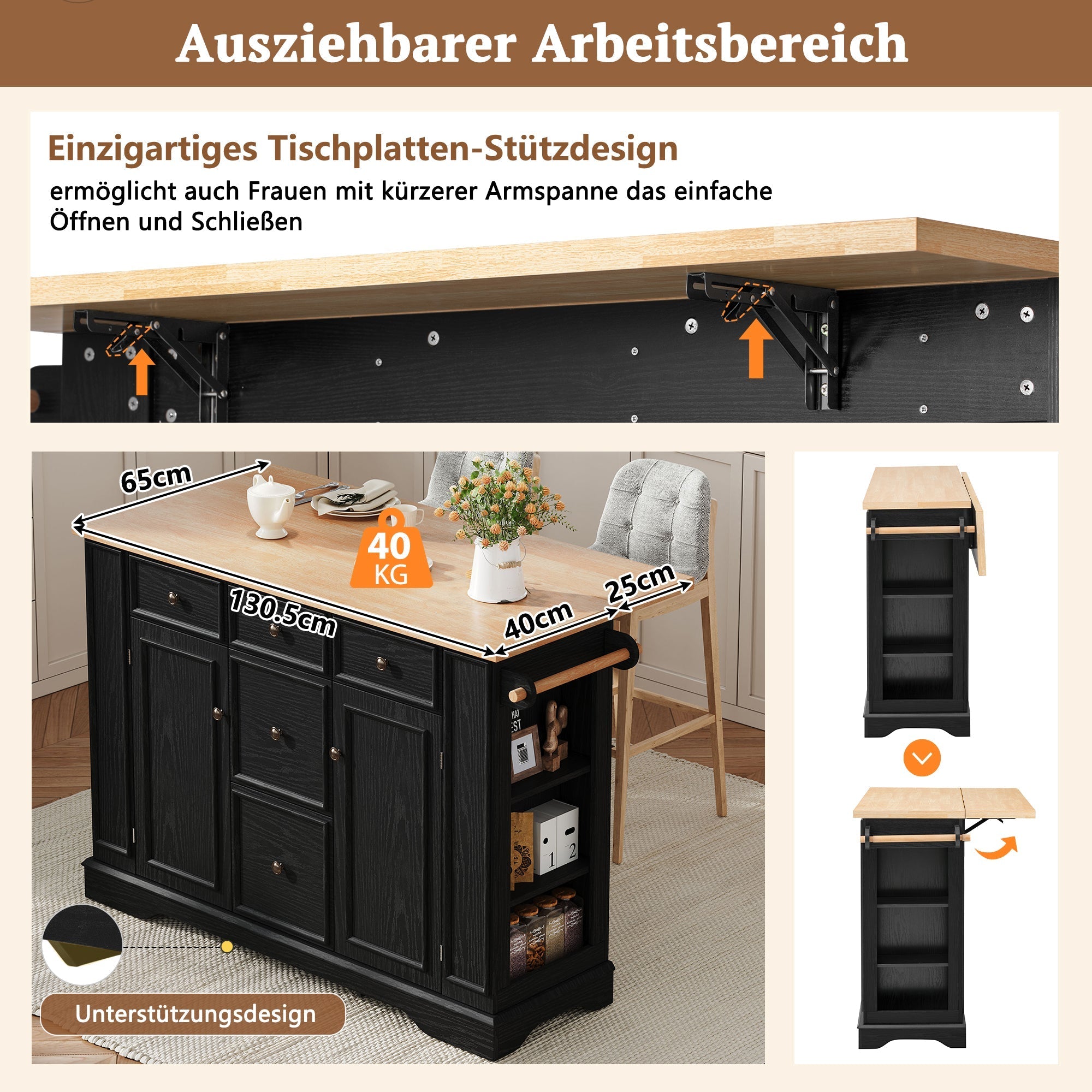 Extendable Kitchen Island with Drawers, Shelves & Power Strips - Black