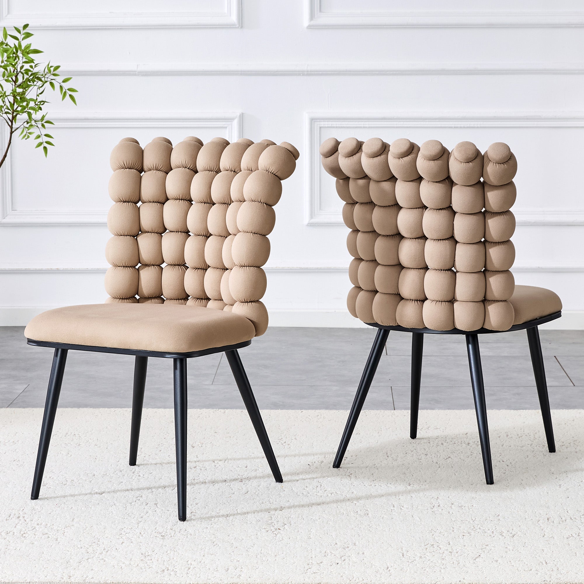 Dining Chairs (Set of 2) Velvet Beaded Chain Black Metal Legs - Camel