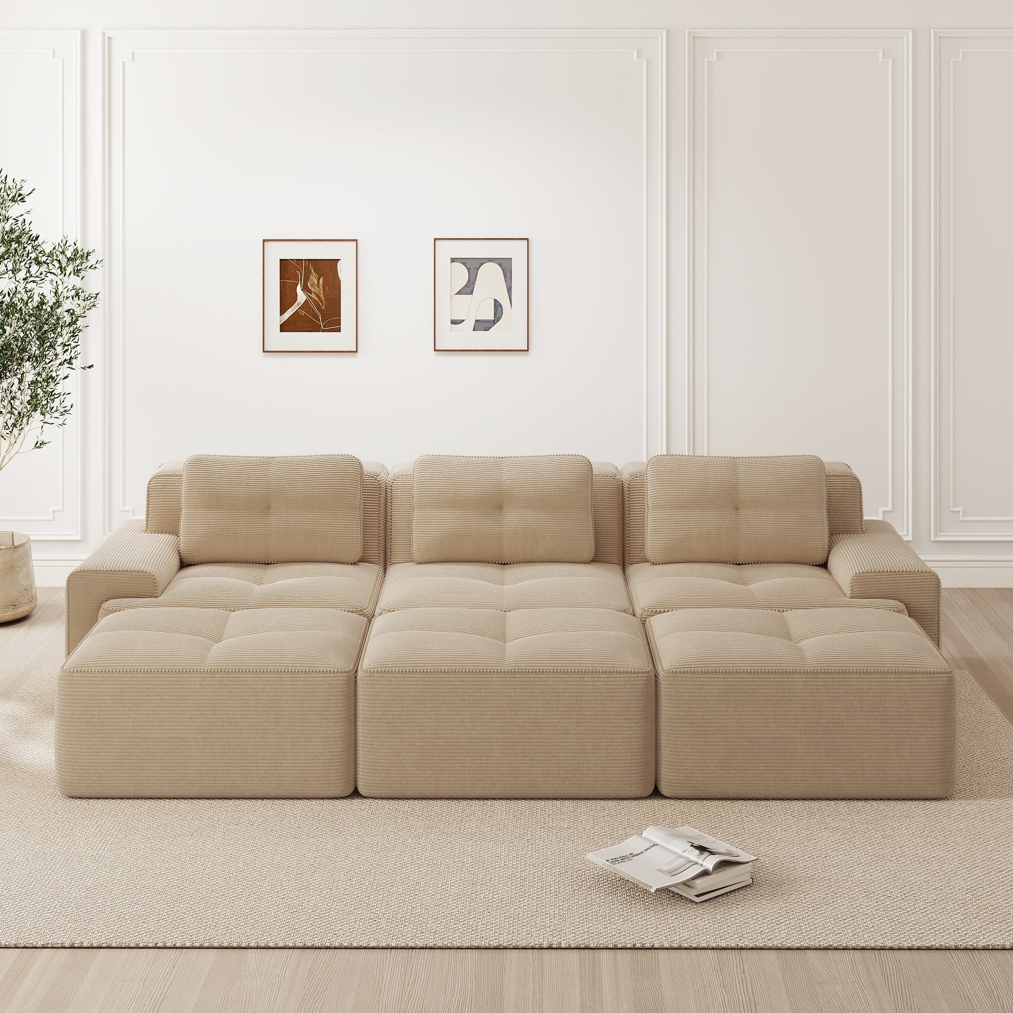 Frameless Modular Corner Sofa Sleeping Function 3 Ottomans - Corduroy Beige