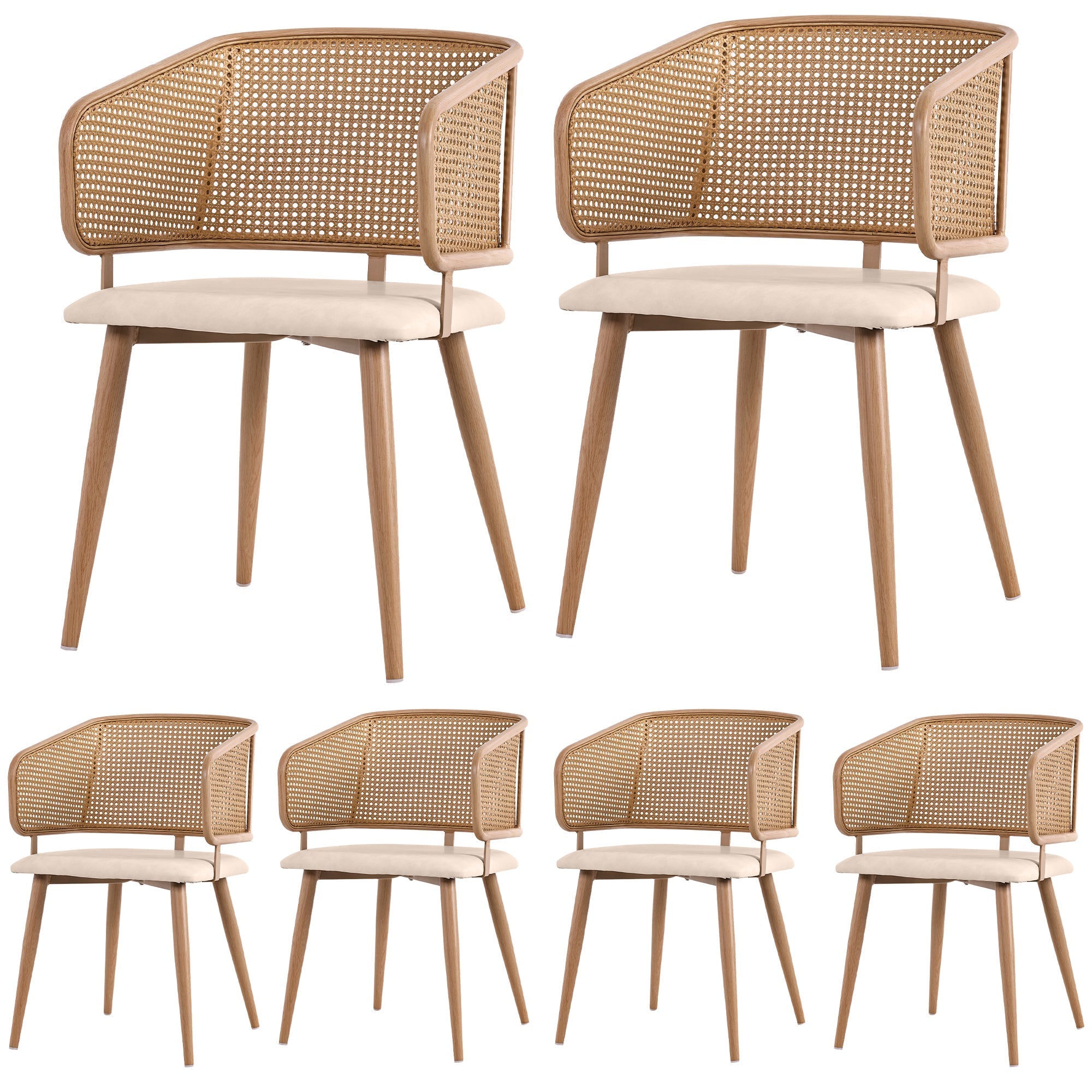 6 Dining Chairs, Modern Rattan Backrest PU Leather Seat, Rattan/PU Leather
