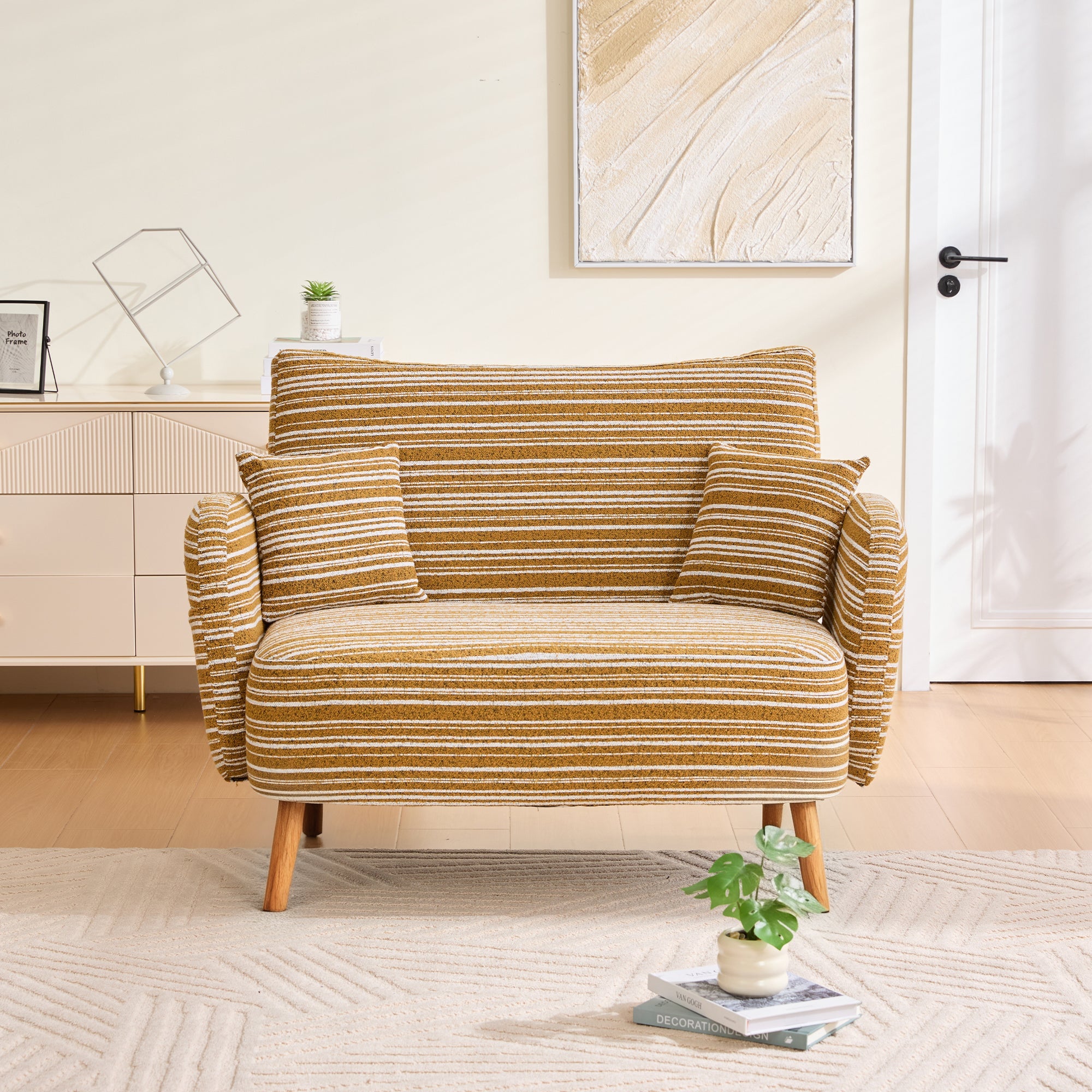 Modern Two-Seater Sofa with Armrest Cushions and Storage Bag, Loop Fabric