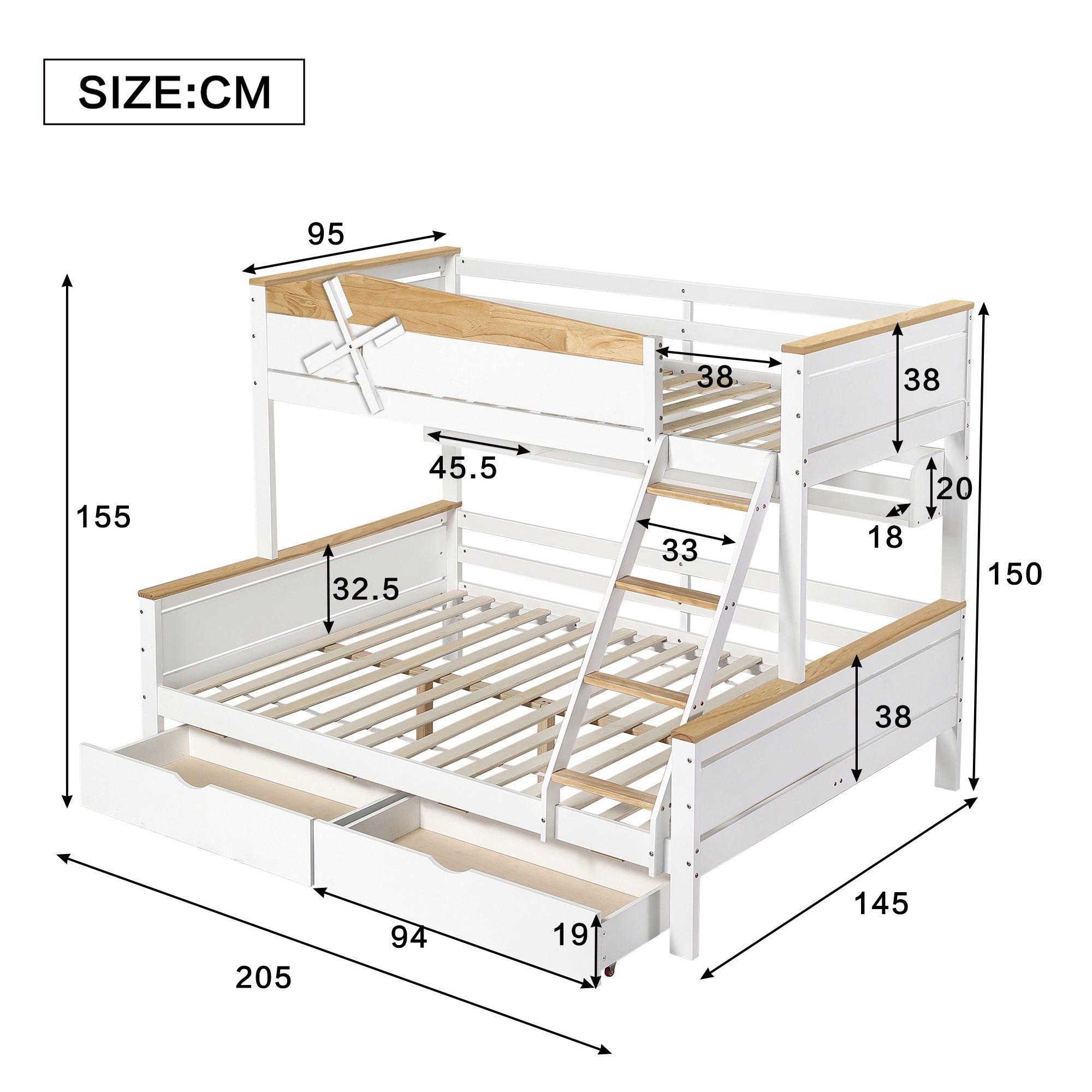Bunk Bed with Windmill, Shelves & Drawers, Pine + MDF, White + Natural