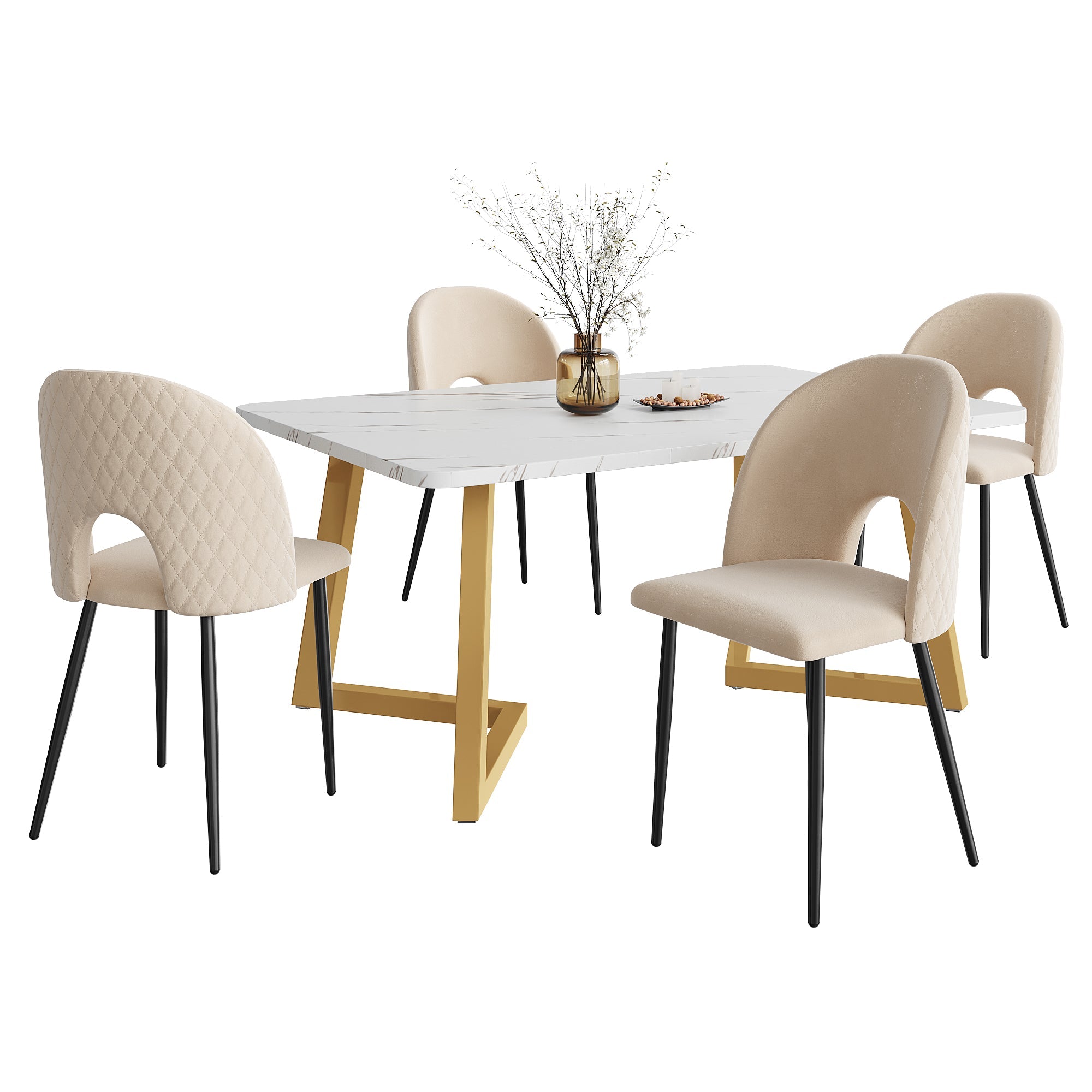 Dining Set, 117×68cm Table with 4 Chairs, Beige Velvet & Gold