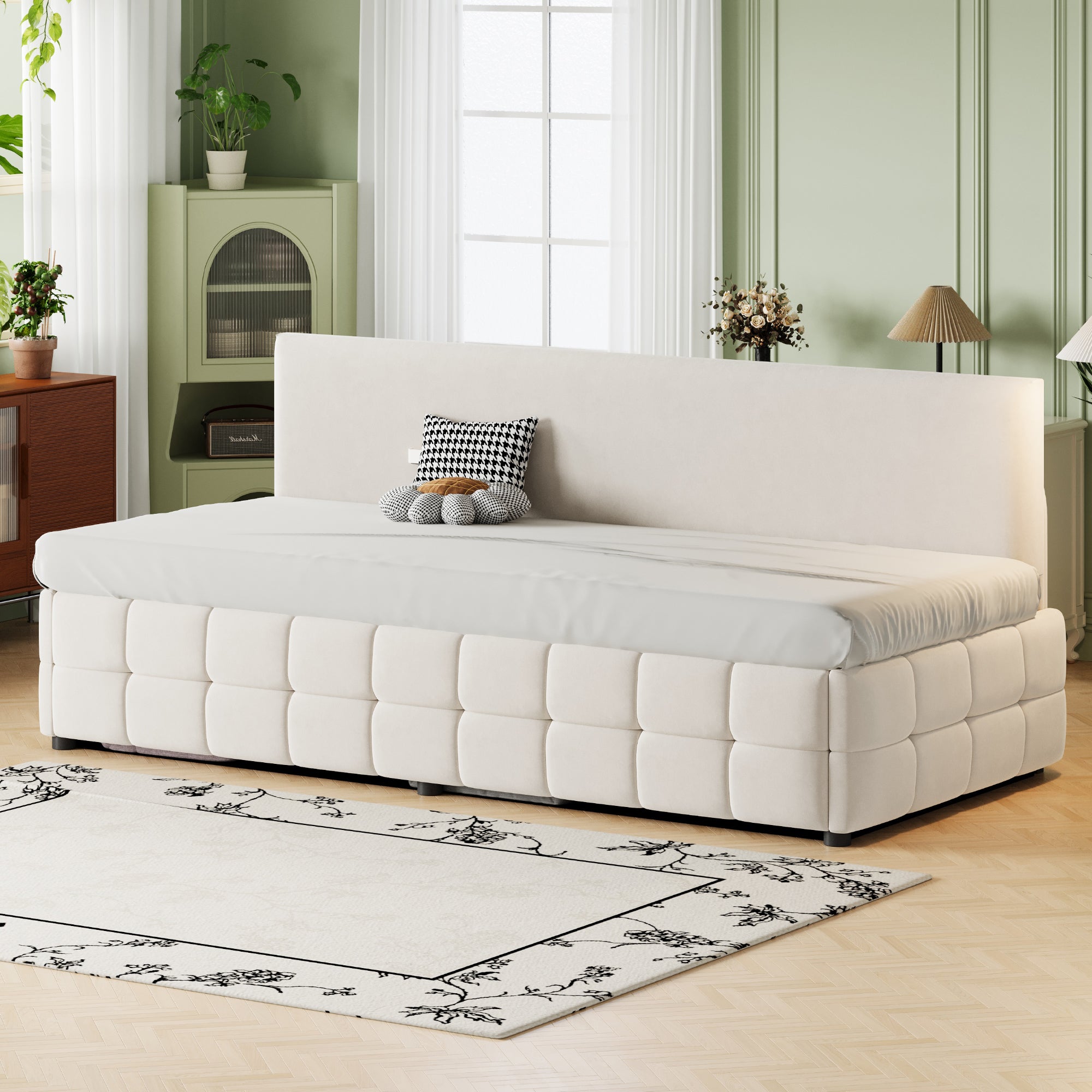 Upholstered Single Sofa Bed 90x200cm Hydraulic Storage Check Pattern - Beige Velvet