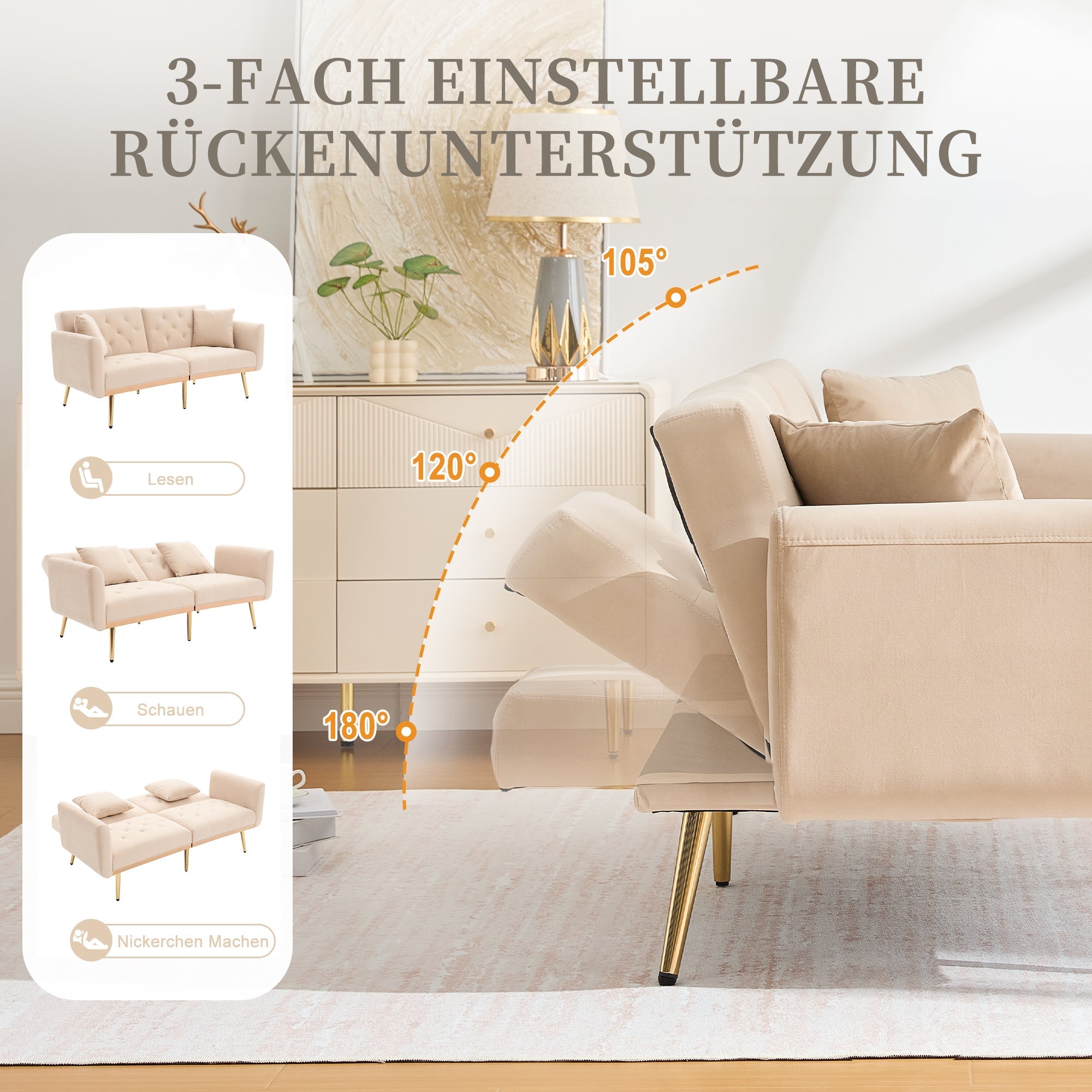 Double Sofa, Modern Velvet Sofa Bed with Adjustable Backrest, Beige
