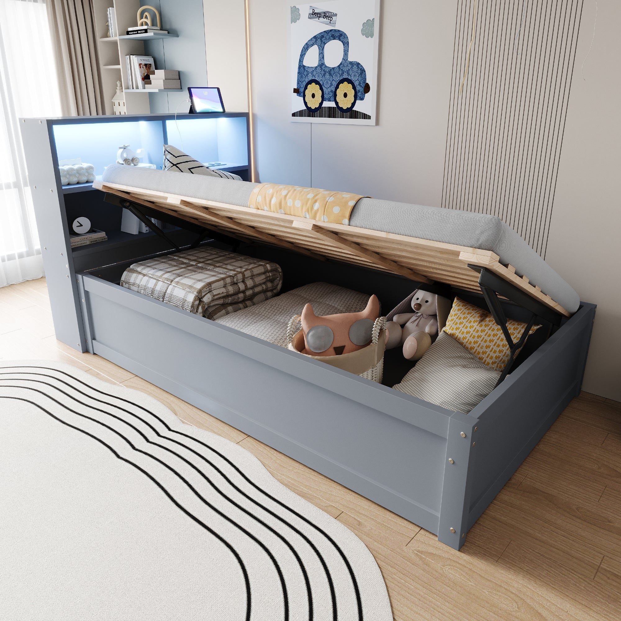 Sofa Bed 90*200, Hydraulic with Storage & Light Bar, Solid Wood, Gray