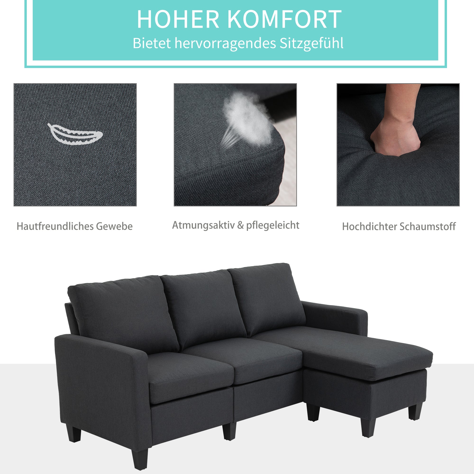 Corner Sofa L-Shape Reversible Chaise Longue 197x139x91cm Dark Grey Linen