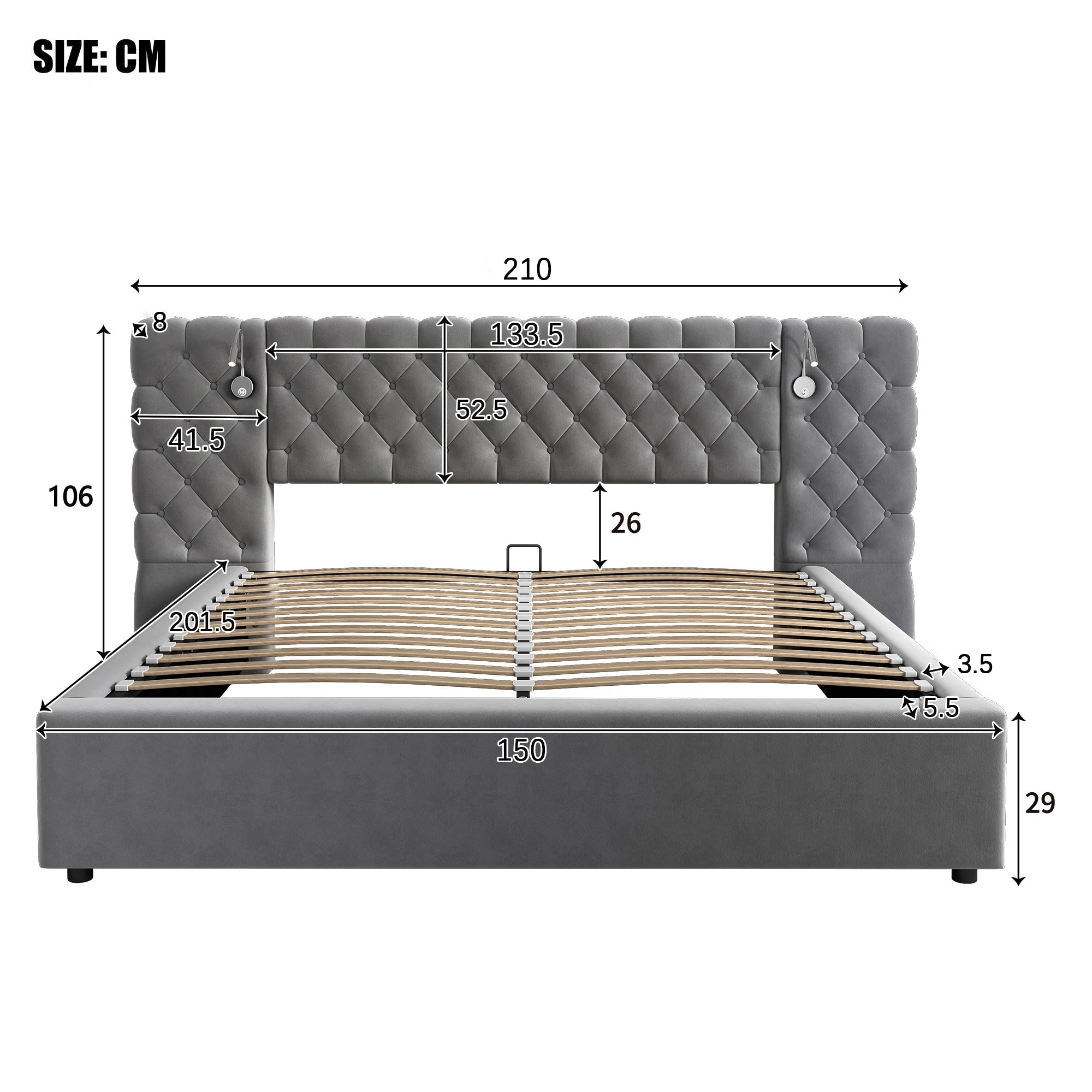 Upholstered Bed, King Size Hydraulic Storage with Reading Light, Velvet, Gray