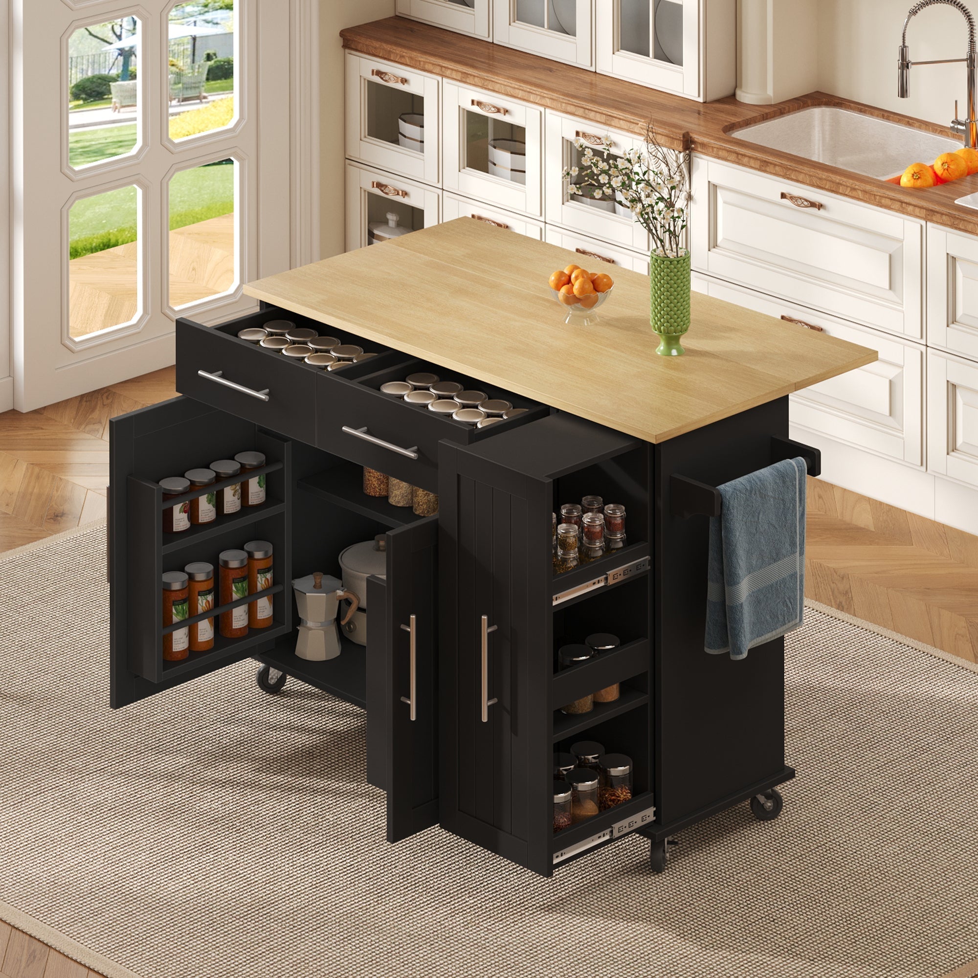 Kitchen Island Drop Leaf Rolling Cart 3-Tier Pull-Out 2 Drawers - Black