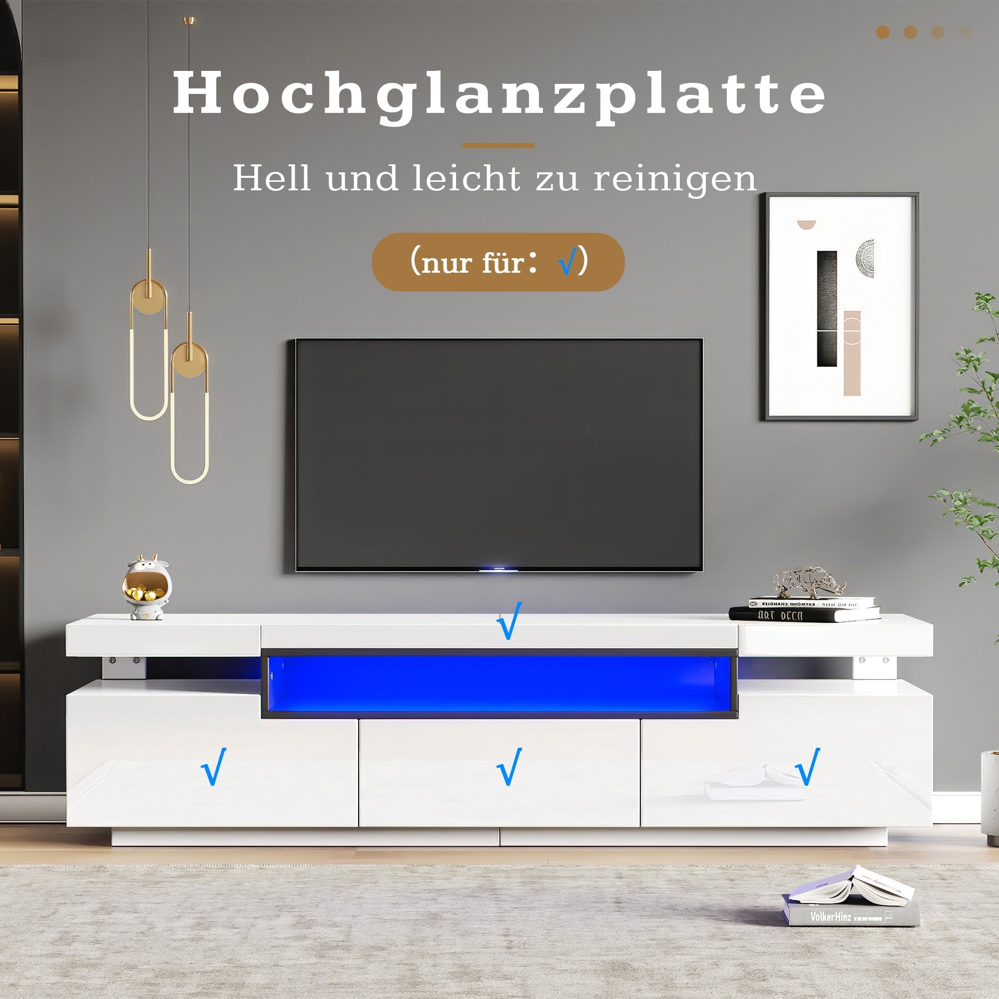 TV Cabinet, 160x39x42cm LED Lighting, 3 Drawers, White High-Gloss