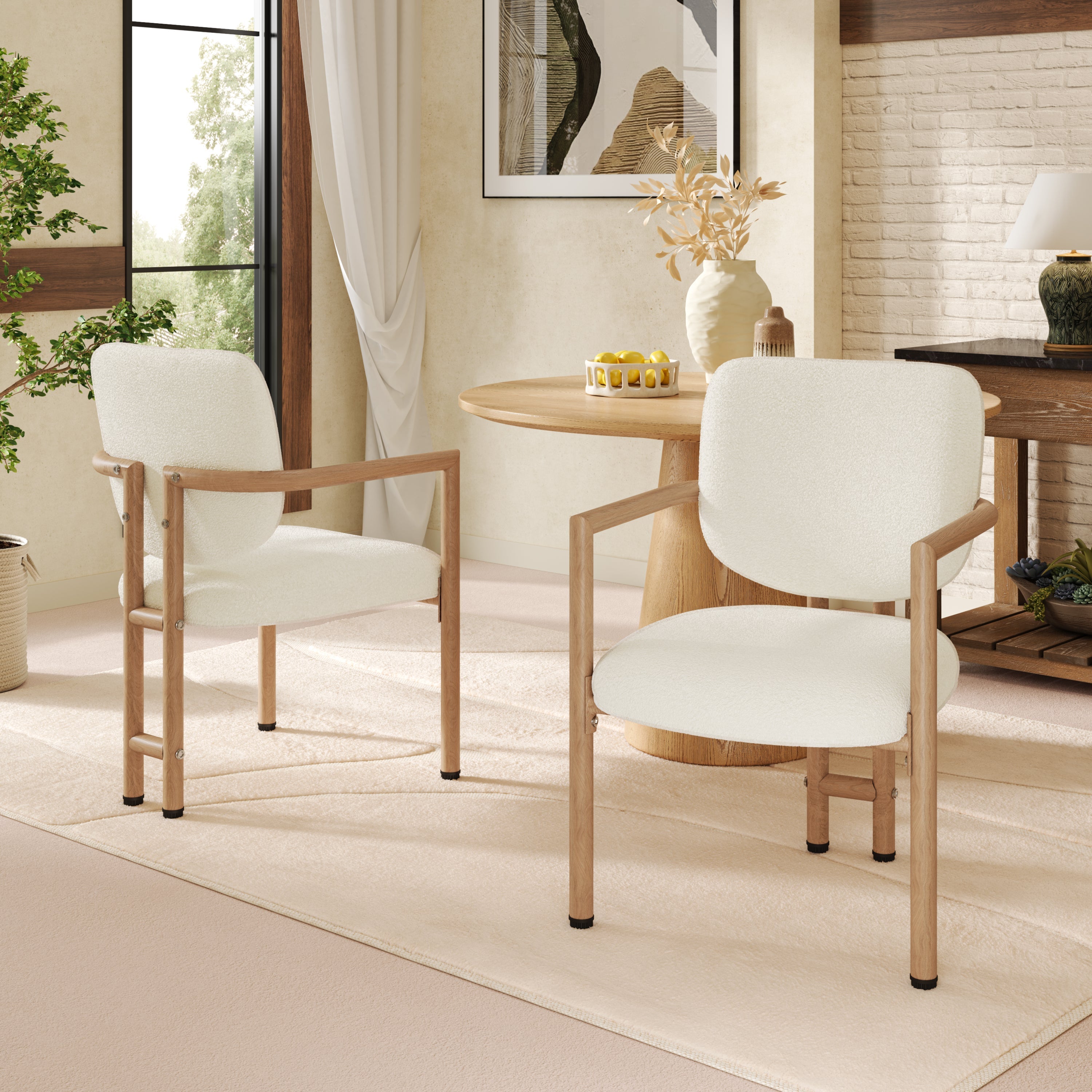 Modern Dining Chairs Set of 4, Ergonomic Bouclé Seats with Wood-Look Metal Legs, Natural Color