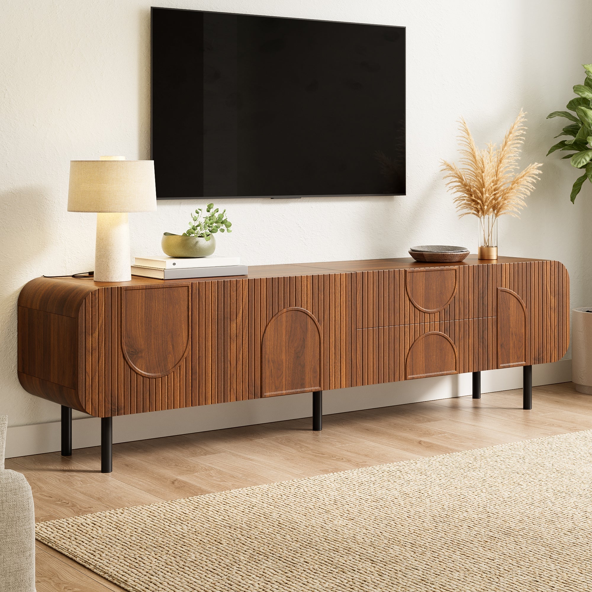 TV Cabinet with 3 Doors, 2 Drawers and Vertical Grooves, Mid-Century Style with Metal Legs