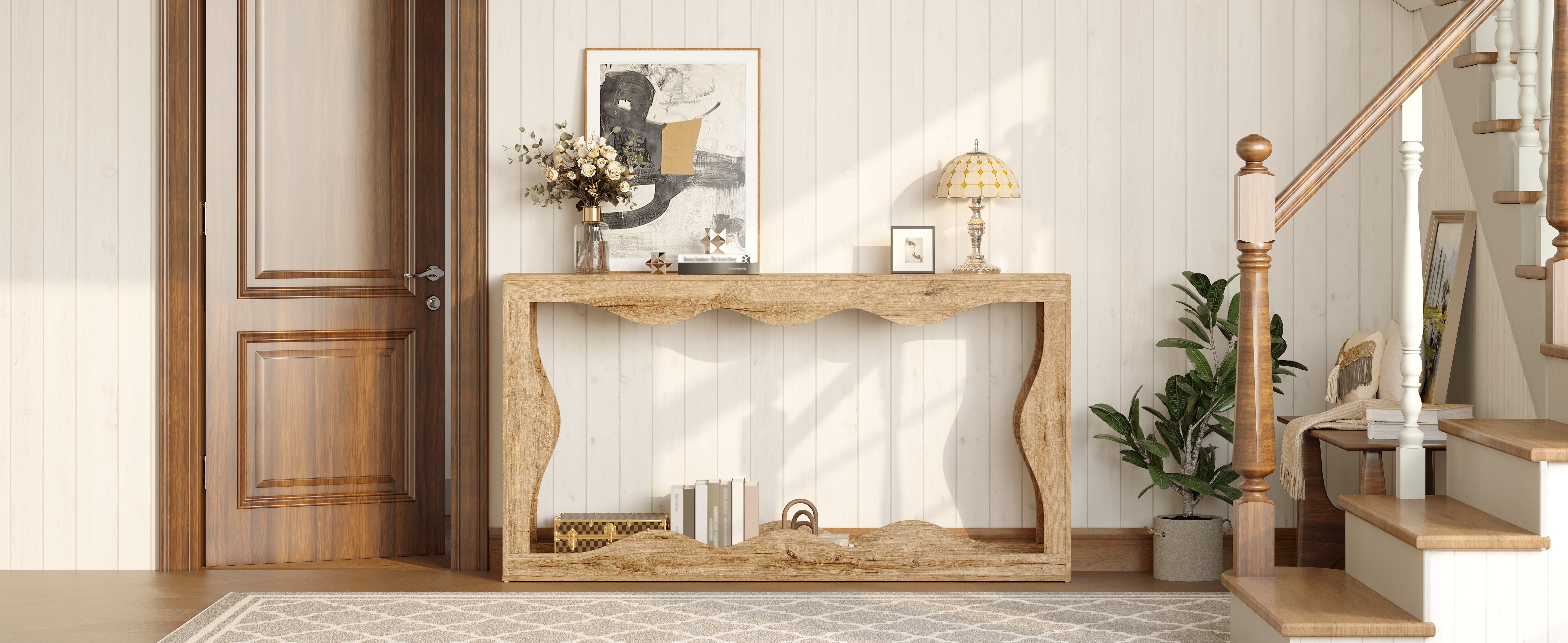 Wavy-Edge Console Table with 2-Tier Shelf and Natural Edge Design, Wood-Look