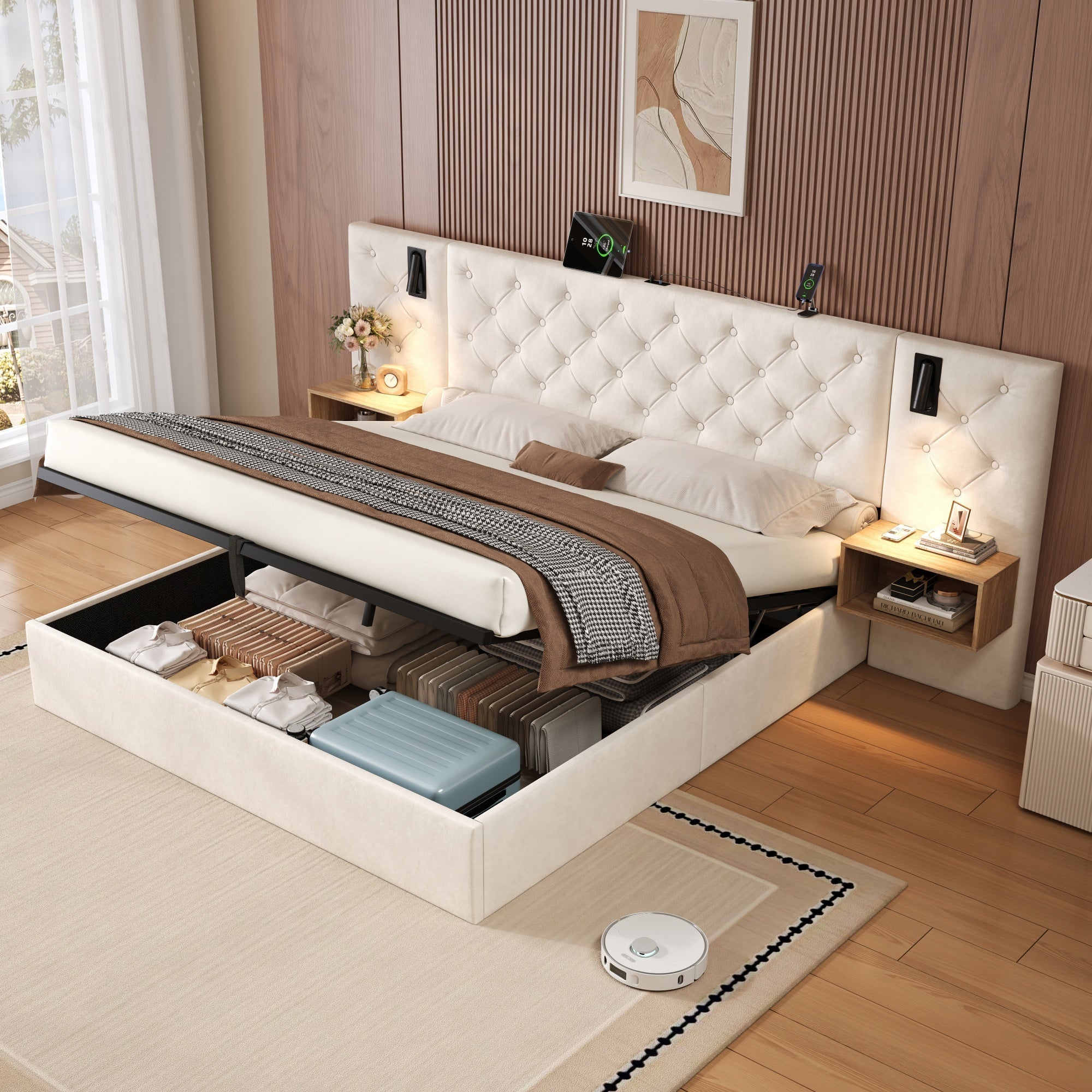 King Upholstered Bed with Charging Station, Reading Light, and Hydraulic Storage, Beige Velvet
